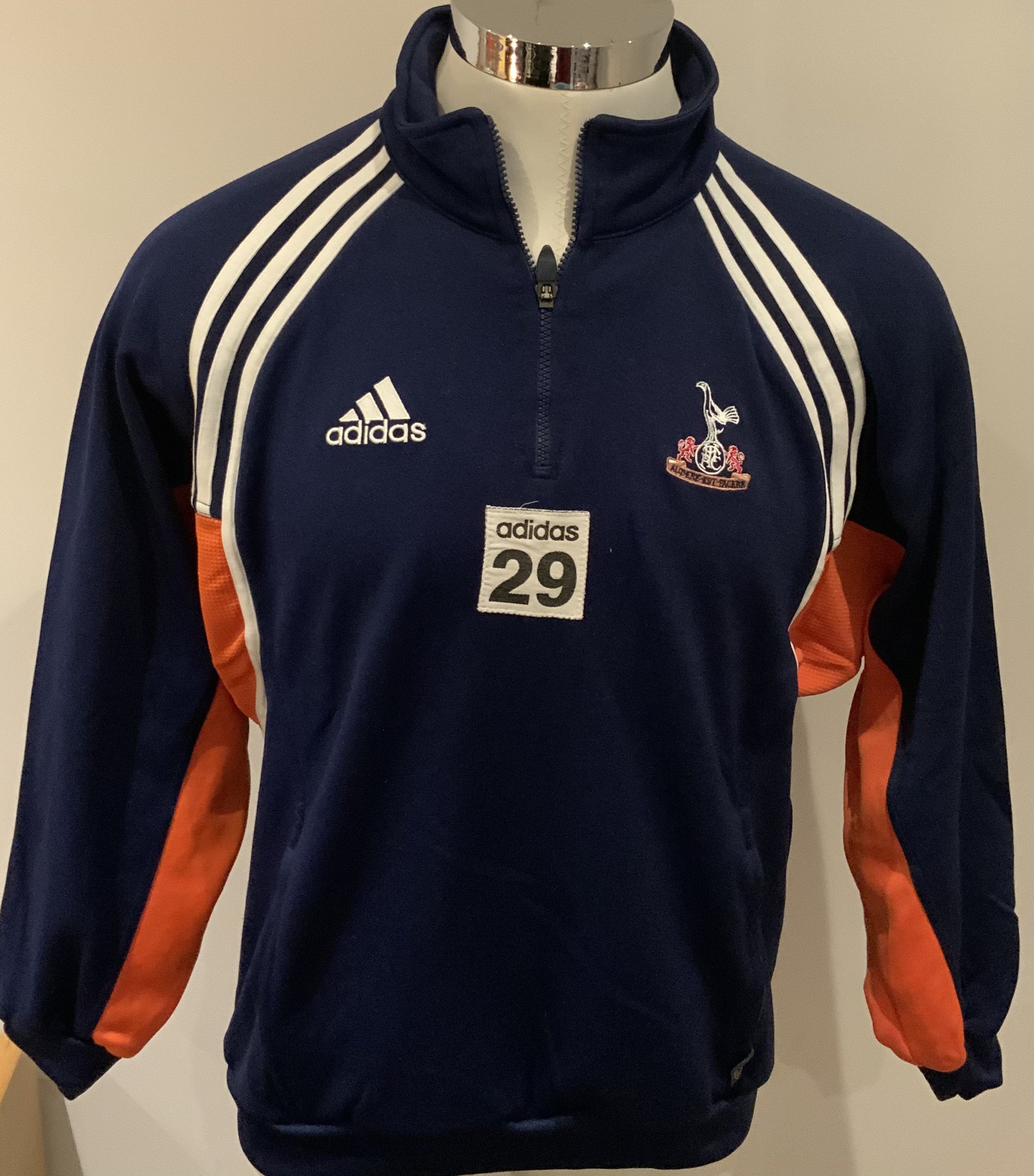 Tottenham 2000 - 2001 Football Players Training Kit: Number 29 used by Simon Davies. Comprises of a tracksuit top and bottoms and a white Adidas Holsten tee shirt. (3)