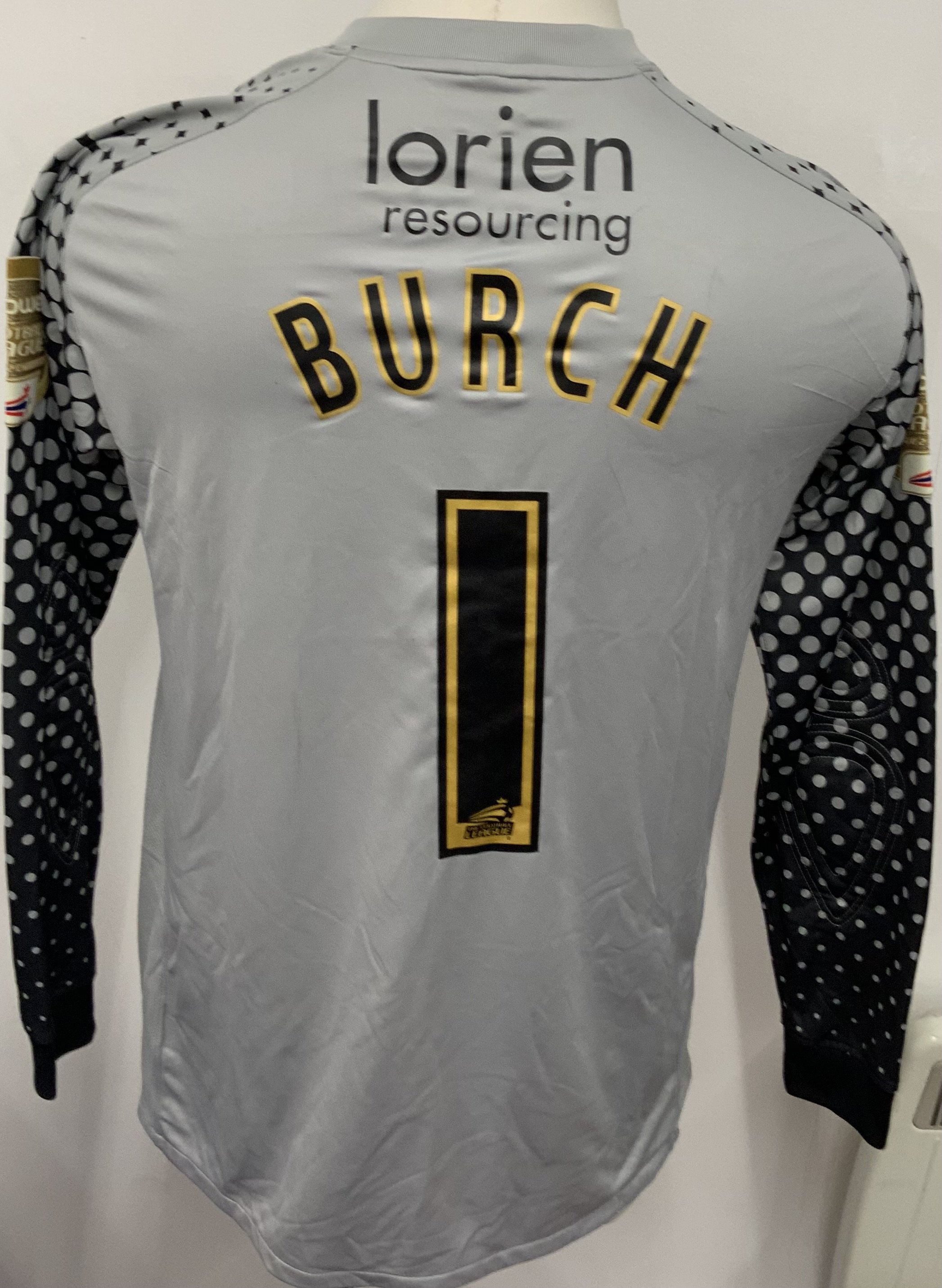 Notts County Match Worn Football Shirt: Grey long sleeve goalkeeper shirt. Number 1 Burch with Football League Two Champions badging. 
