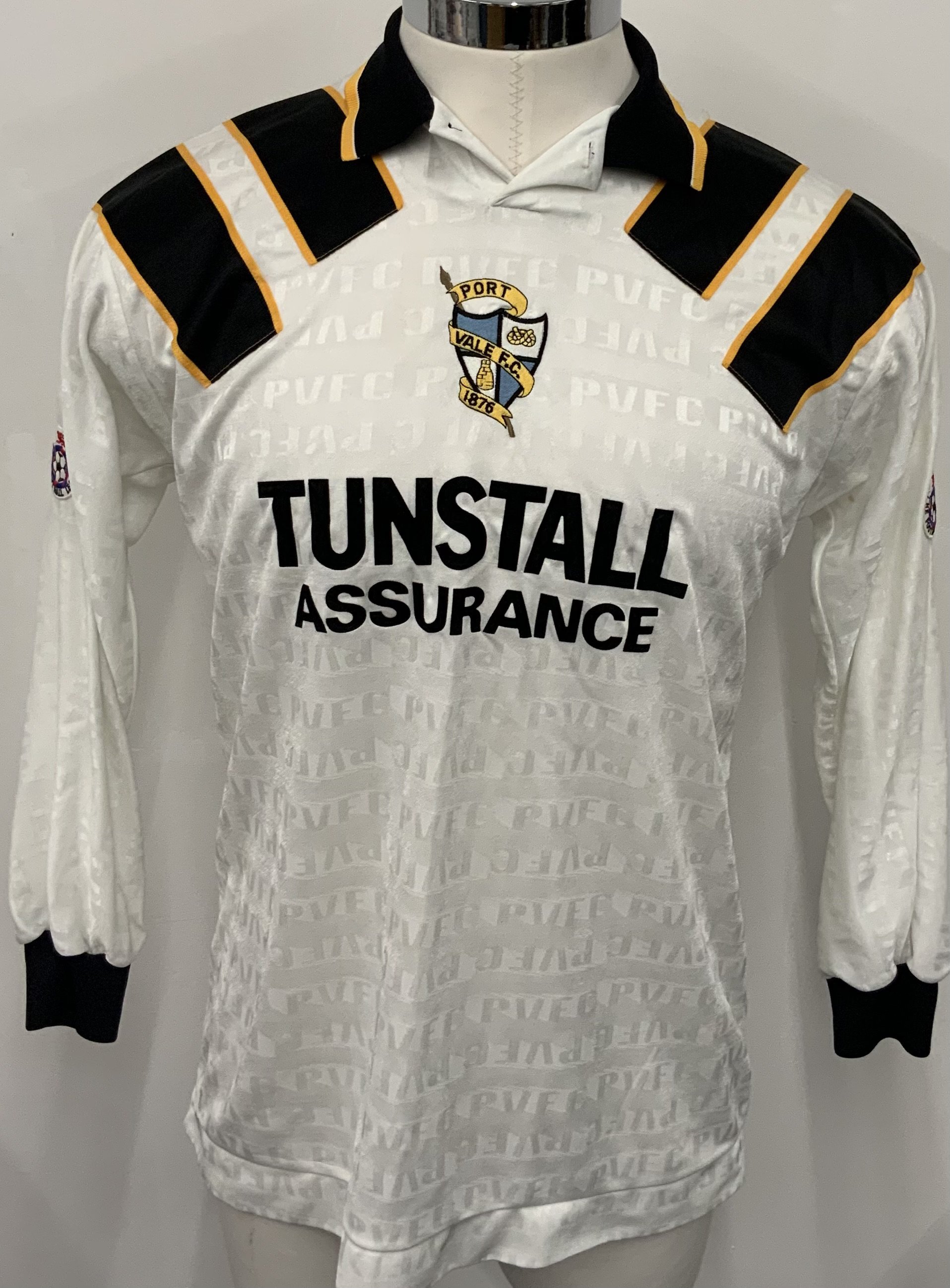 Port Vale 1993 - 1995 Match Worn Signed Football Shirt: White with black/yellow trim Tunstall Assurance long sleeve shirt. Football League badging to arms. Number 14 to rear. 