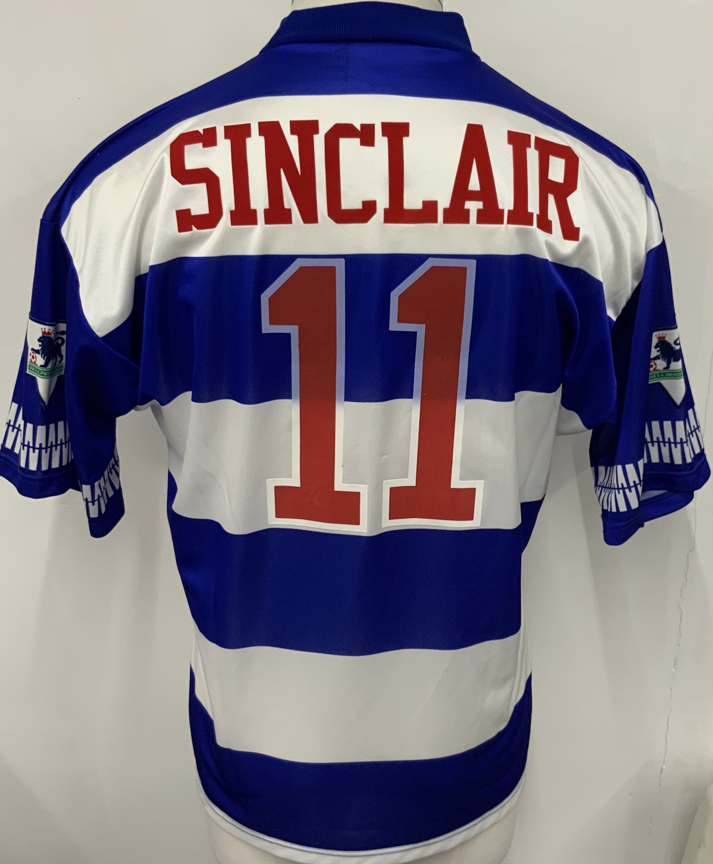 QPR 1995 - 1996 Match Worn Football Shirt: Blue and White short sleeve shirt. Number 11 Sinclair. Premier League badging. Signed with dedication 