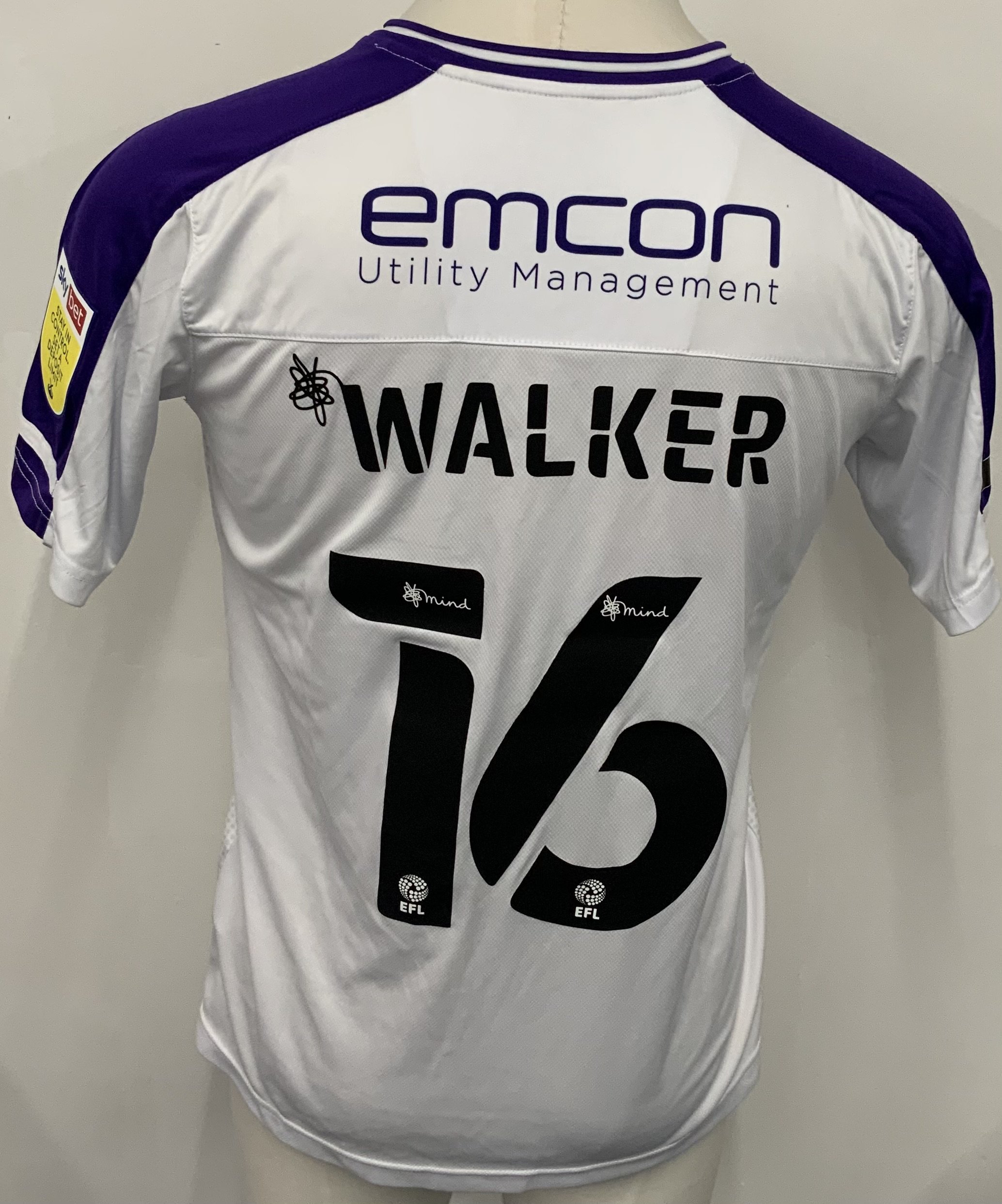 Shrewsbury Town 2021 - 2022 Match Worn Football Shirt: White with purple trim Admiral short sleeve Shropshire Homes sponsored shirt with Sky Bet League One badging to arms. Number 16 Walker to rear. 
