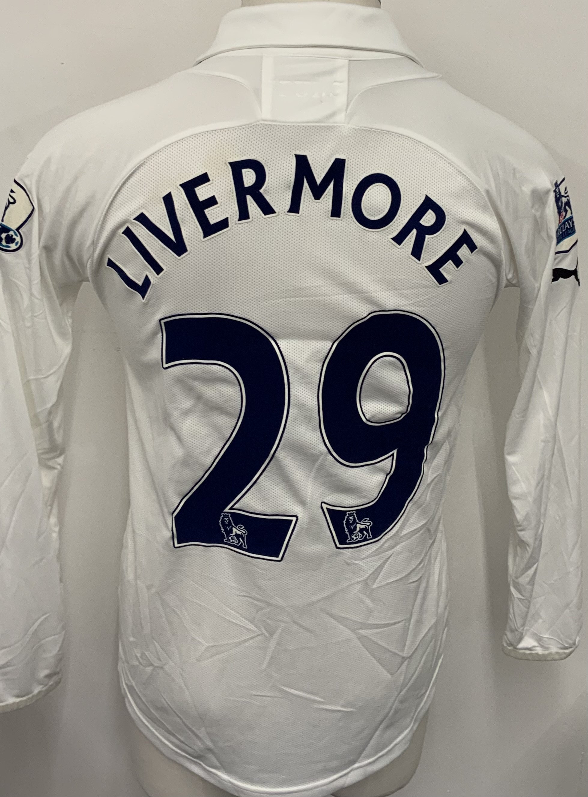 Tottenham 2011 - 2012 Home Match Worn Football Shirt: White long sleeve shirt with Livermore 29 to rear. Premier League badging to sleeves. 