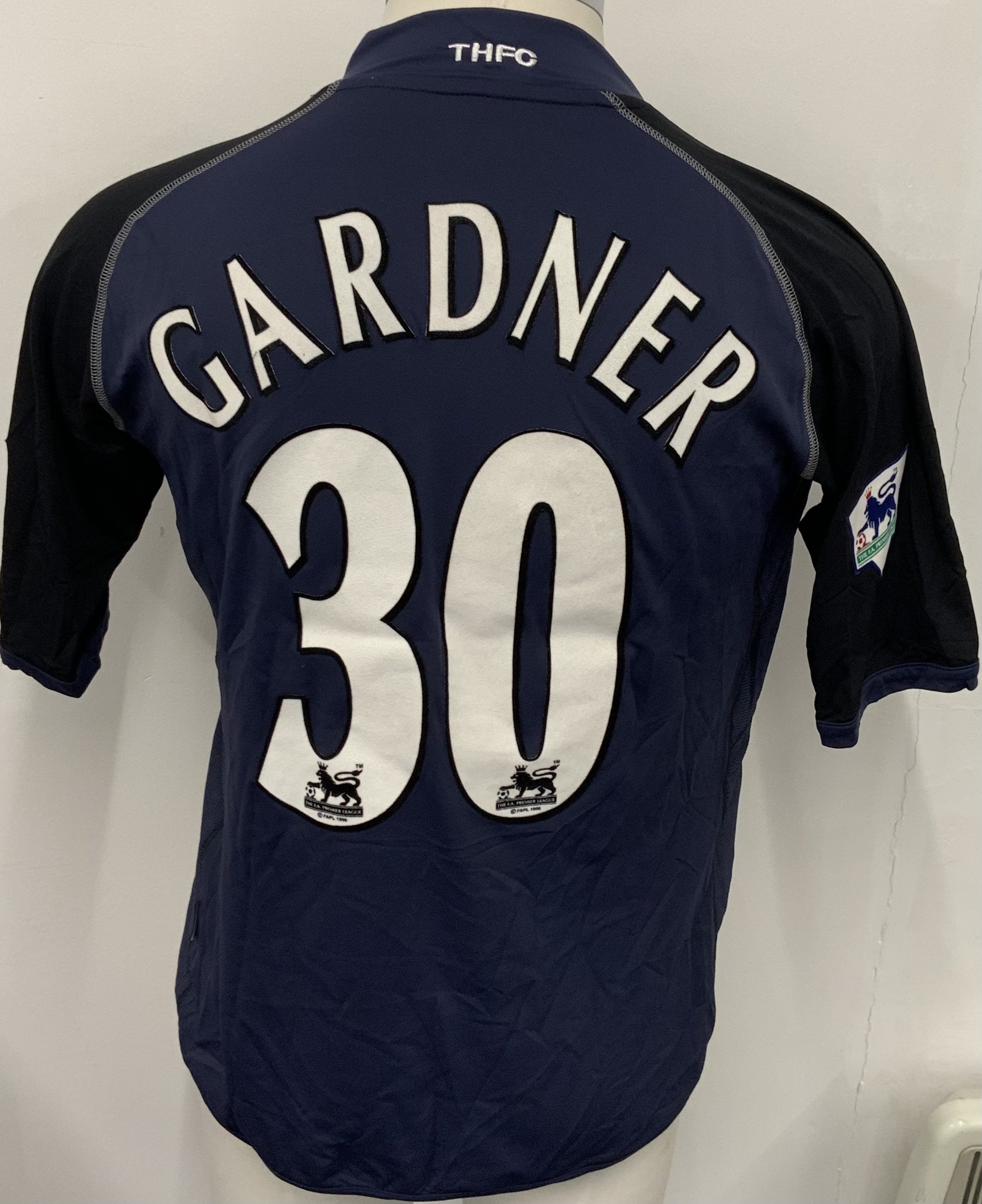 Tottenham 2002 - 2003 Match Worn Football Shirt: Blue short sleeve shirt with Gardner 30 to rear. Premier League badging to sleeves. Worn v Leeds on 12 April 2003.
