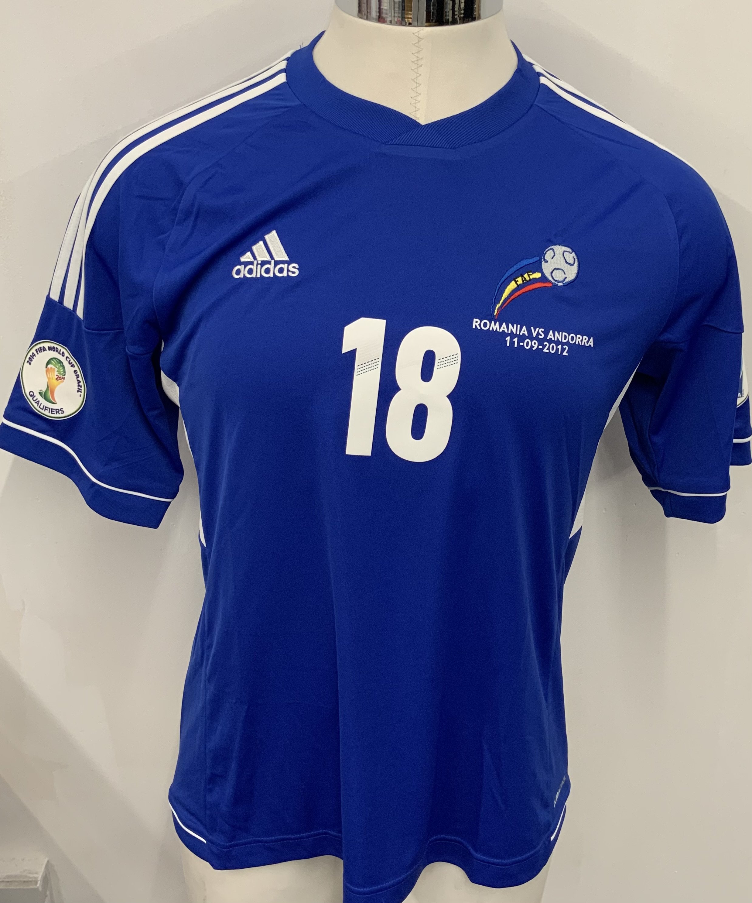 Andorra 2012 Match Worn Football Shirt: Blue short sleeve shirt. Number 18. Worn by Ayala in World Cup qualifier v Romania on 11 September 2012.