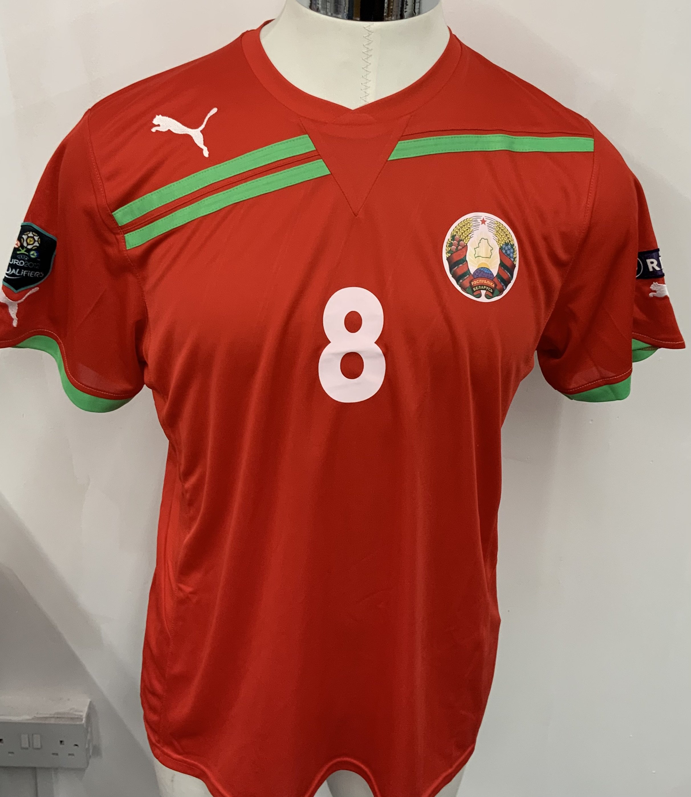 Belarus 2011 Match Worn Football Shirt: Red short sleeve shirt. Number 8. Worn during Euro 2012 qualifiers. 