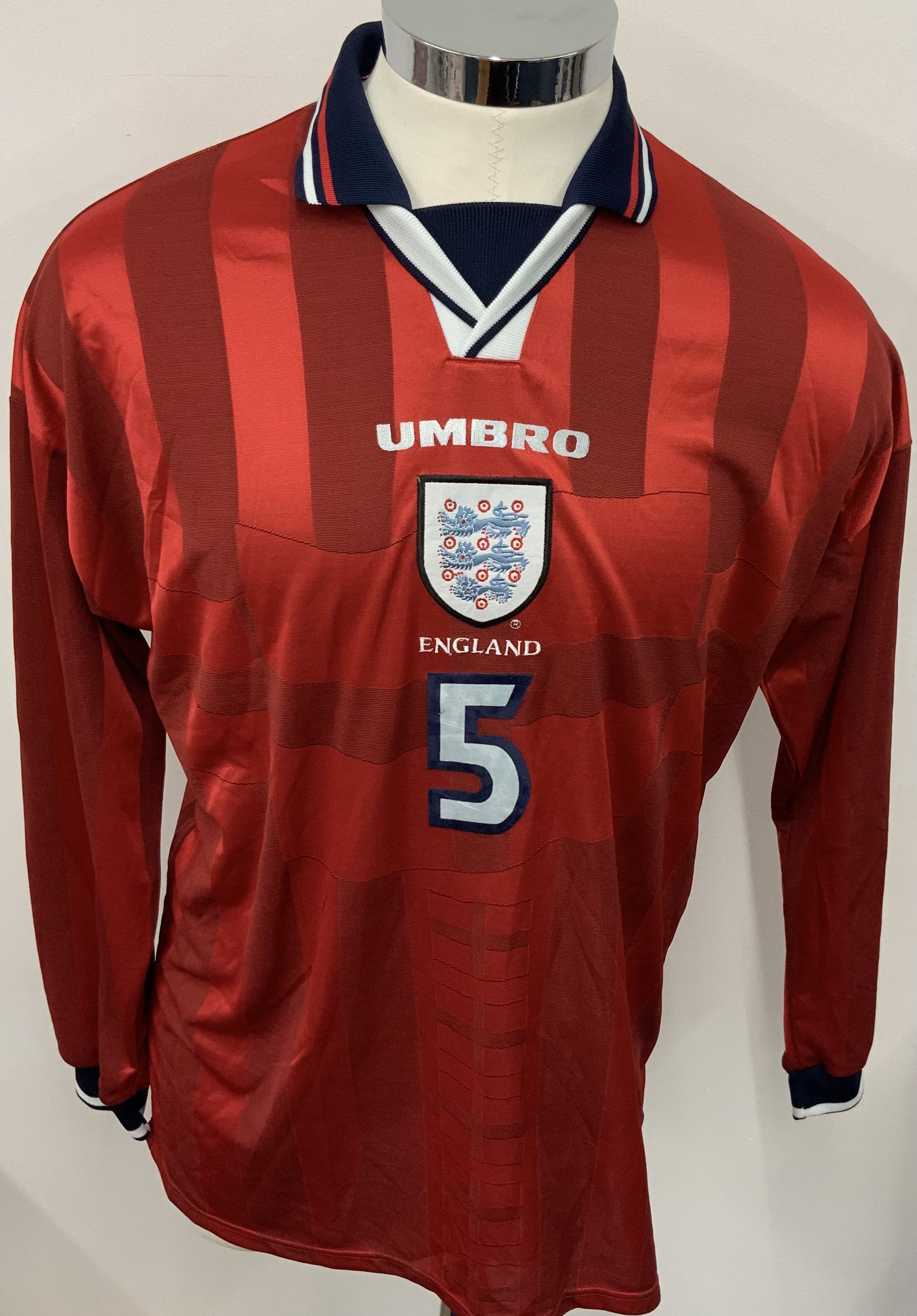 England 1998 Match Issued Football Shirt: Red long sleeve shirt with number 5 to rear. Match Issued to Tony Adams 