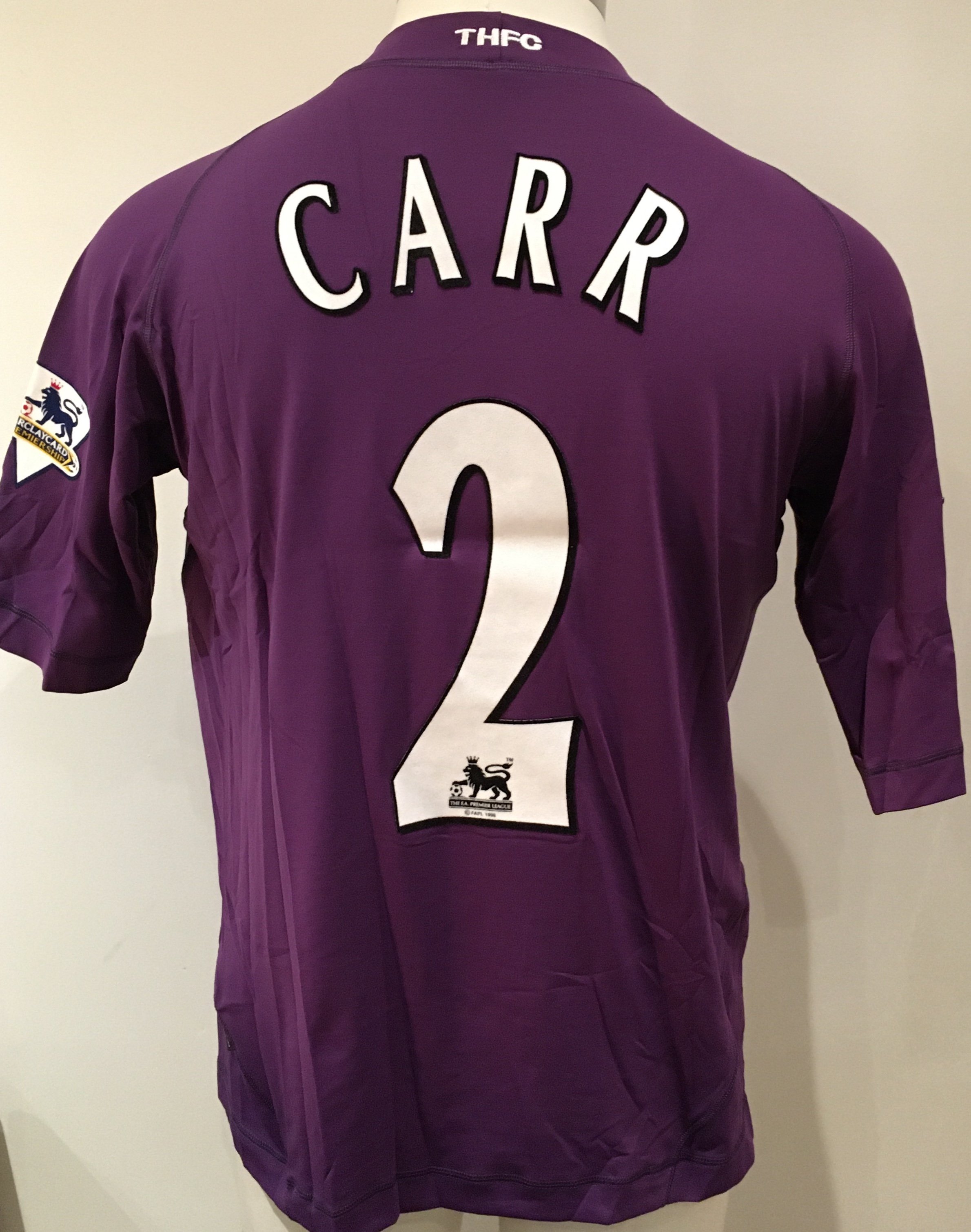 Tottenham 2003 - 2004 Match Worn Football Shirt: Purple third short sleeve shirt with Premier League badging to sleeves and number 2 Carr to rear. Worn v Coventry in the League Cup on 24 September 2003. Carr was booked in the match. 