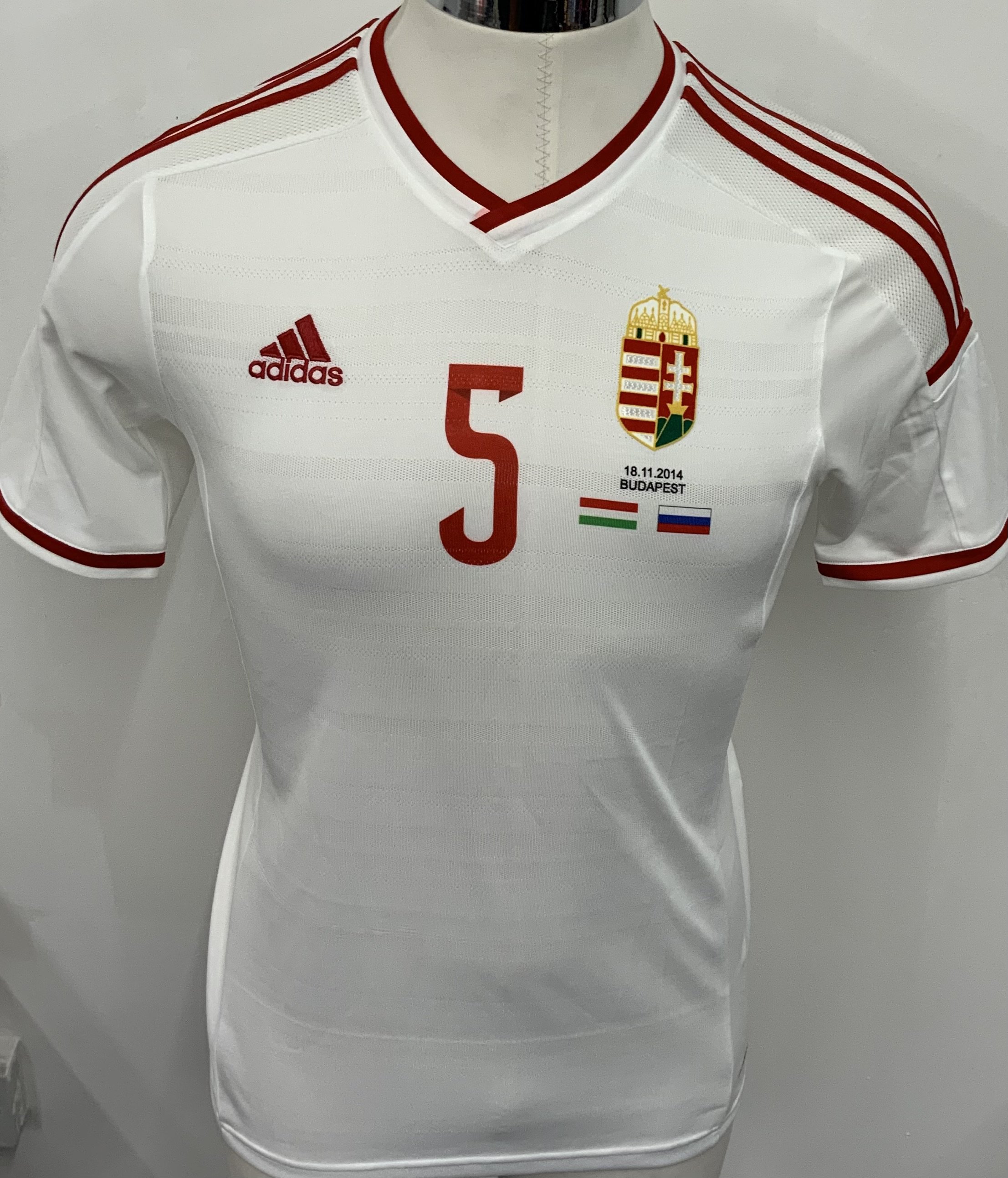 Hungary 2014 Match Worn Football Shirt: White short sleeve shirt. Number 5 Fiola. Worn during friendly v Russia on 18 November 2014.