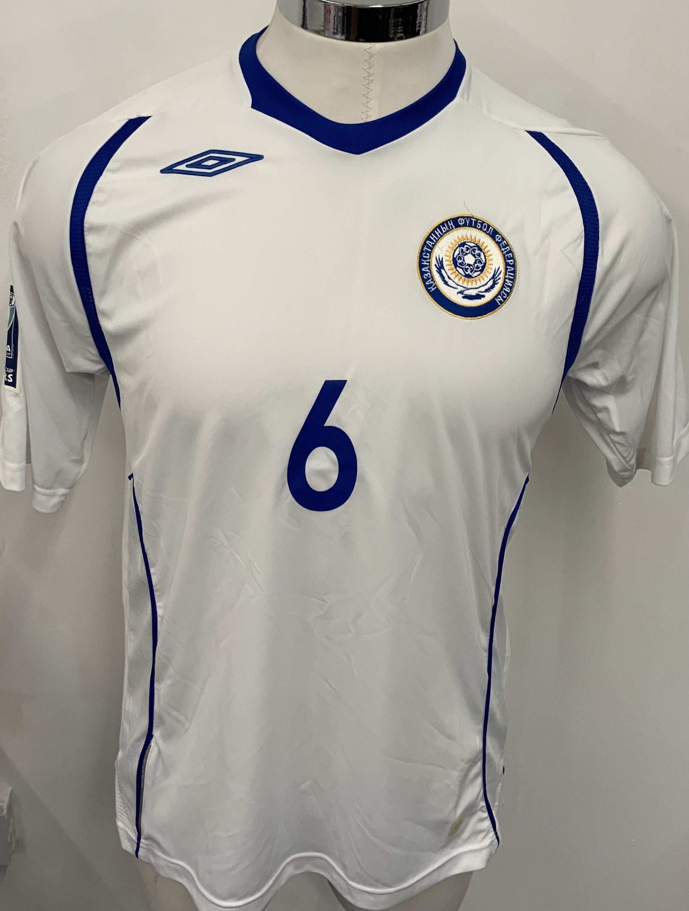 Kazakhstan 2008 Match Worn Football Shirt: White short sleeve shirt. Number 6. Worn by Skorykh in World Cup qualifier v Croatia on 6 September 2008.