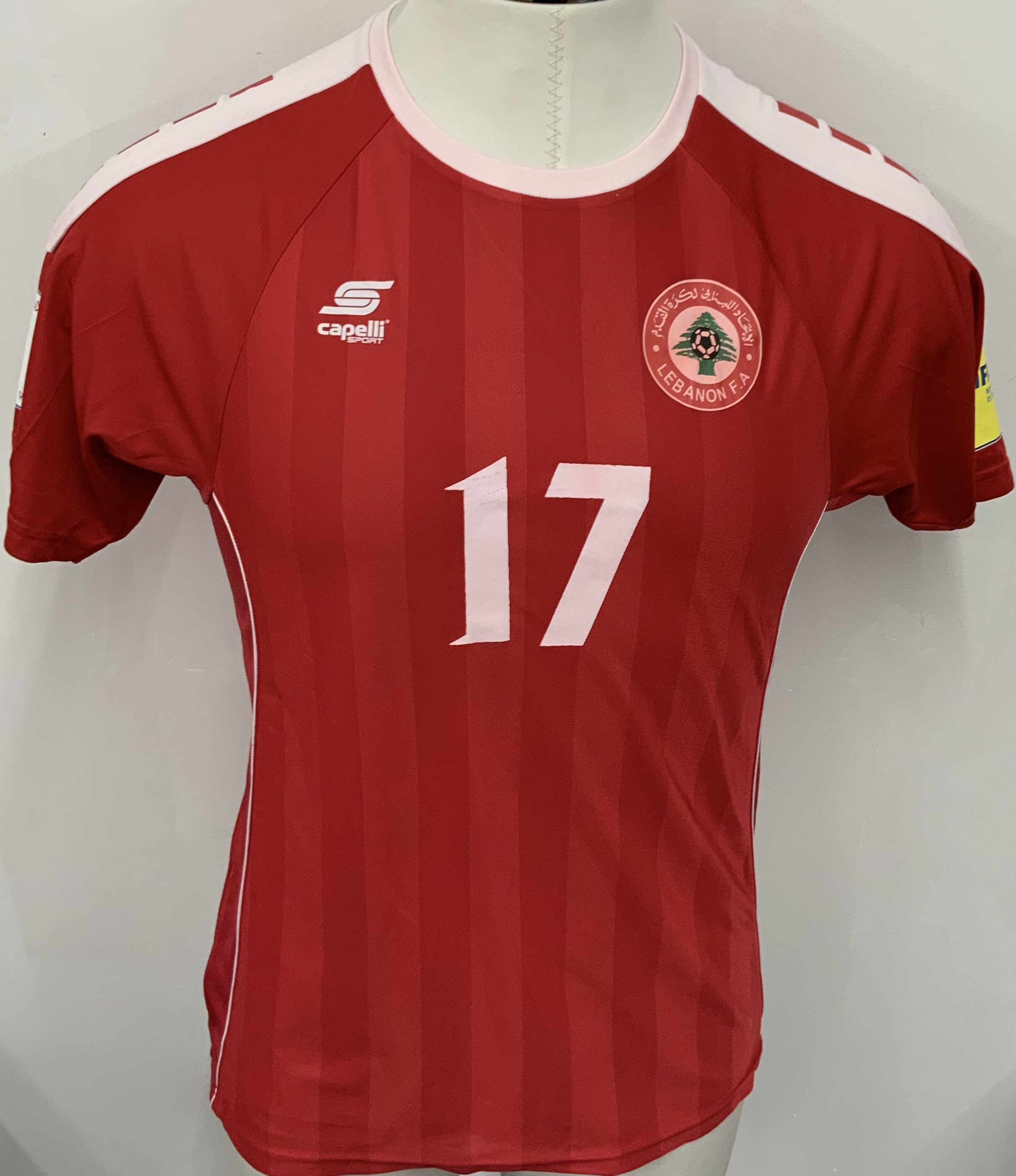 Lebanon 2014 Match Worn Football Shirt: Red short sleeve shirt. Number 17.  Worn during World Cup qualifiers. Russia 2018 sleeve badging. 
