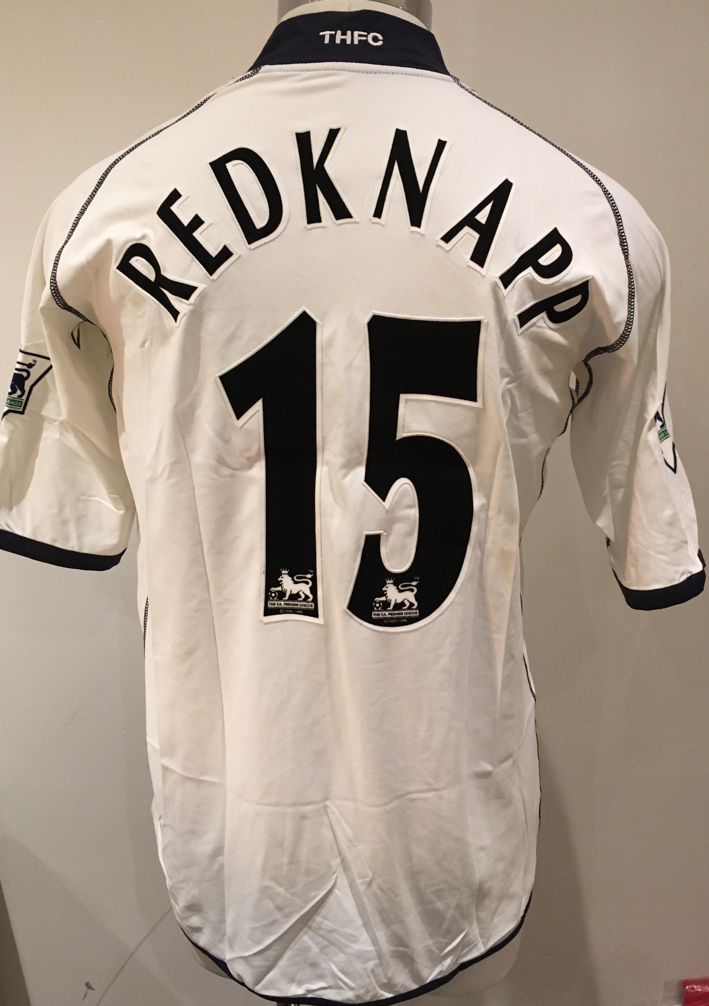 Tottenham 2002 - 2003 Match Worn Football Shirt: White short sleeve shirt with Premier League badging to sleeves Redknapp 15 to rear. Shirt is signed to front by the player. 