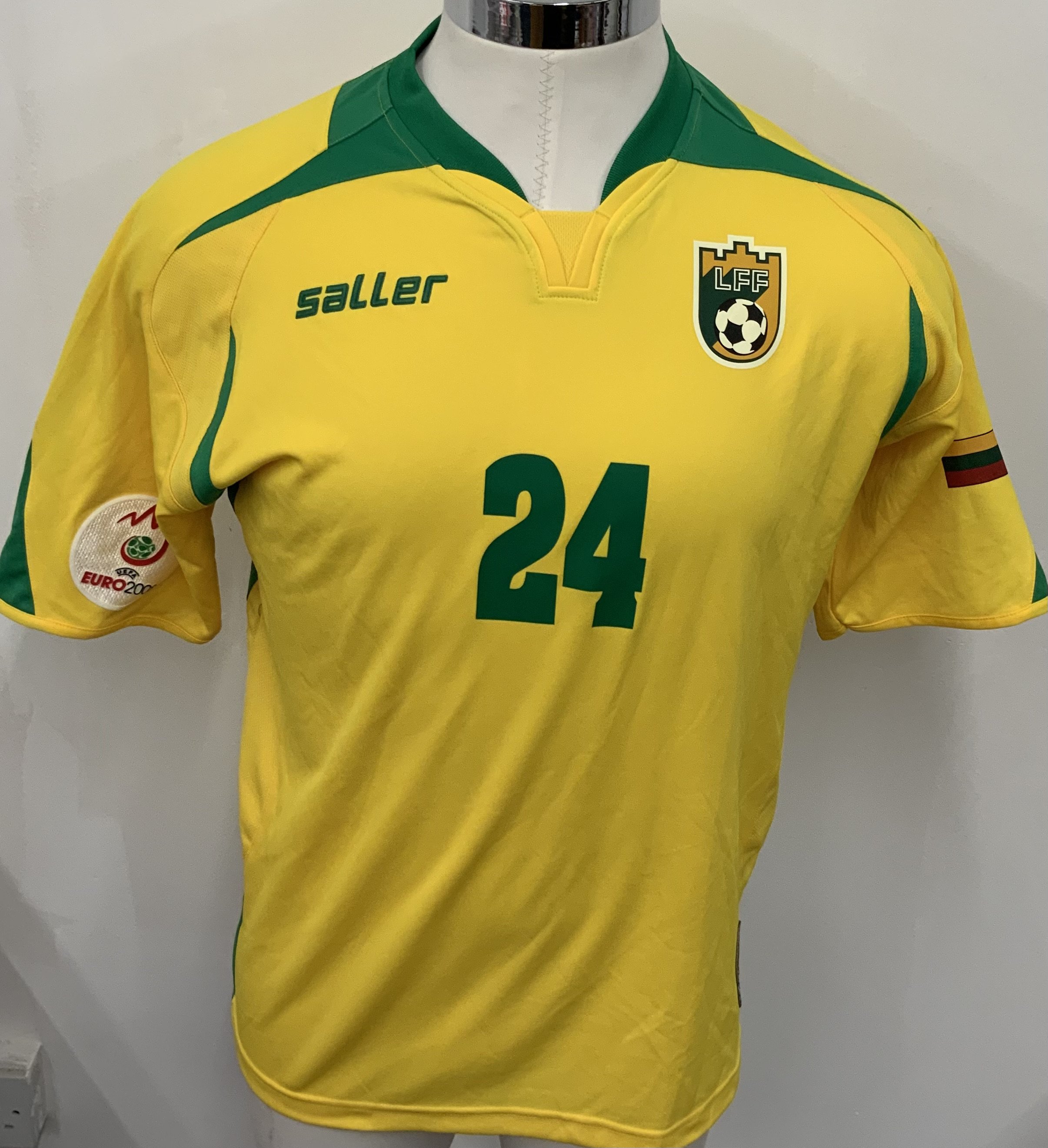 Lithuania 2008 Match Worn Football Shirt: Yellow short sleeve shirt. Number 24. Shirt has Euro 2008 badge to sleeve. 