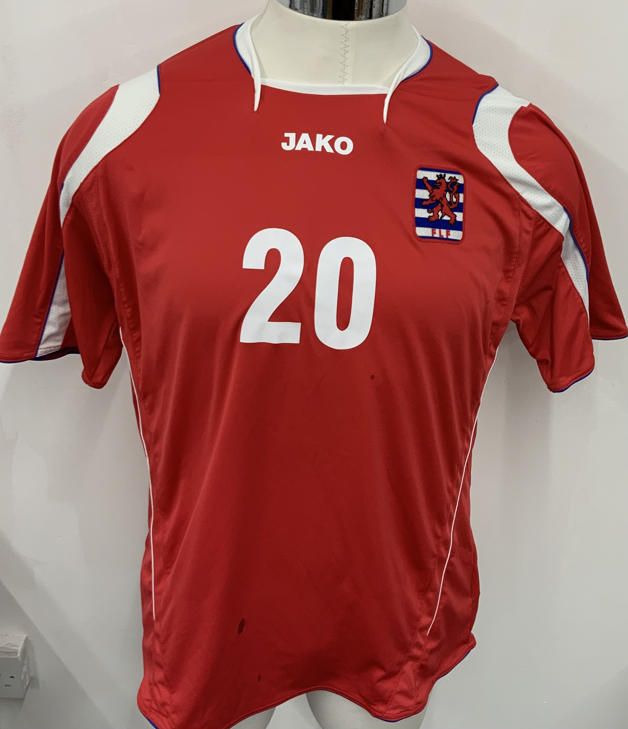 Luxembourg 2008 Match Worn Football Shirt: Red short sleeve shirt. Number 20. Shirt is unwashed. 