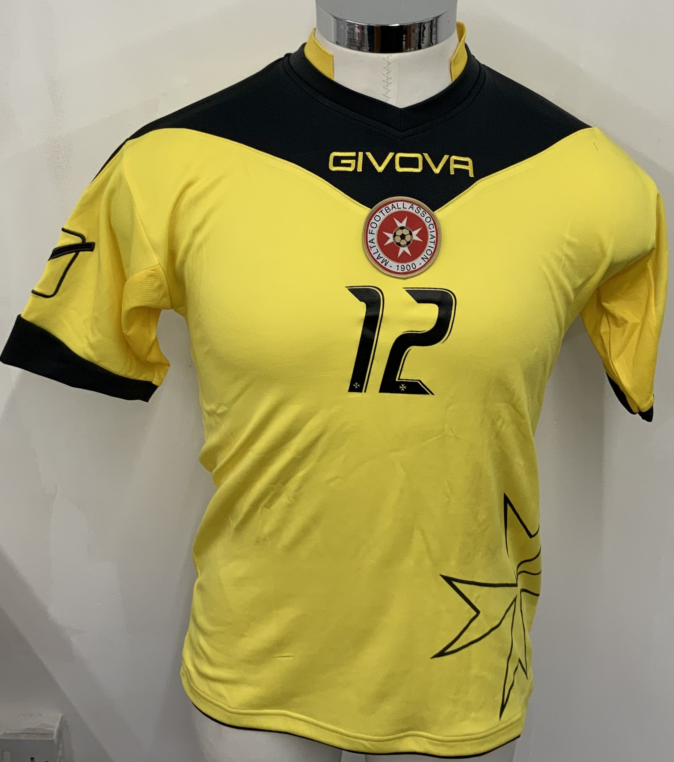 Malta 2014 Match Issued Football Shirt: Yellow short sleeve goalkeeper shirt. Number 12.  Issued to Justin Haber for friendly v Slovakia on 4 September 2014
