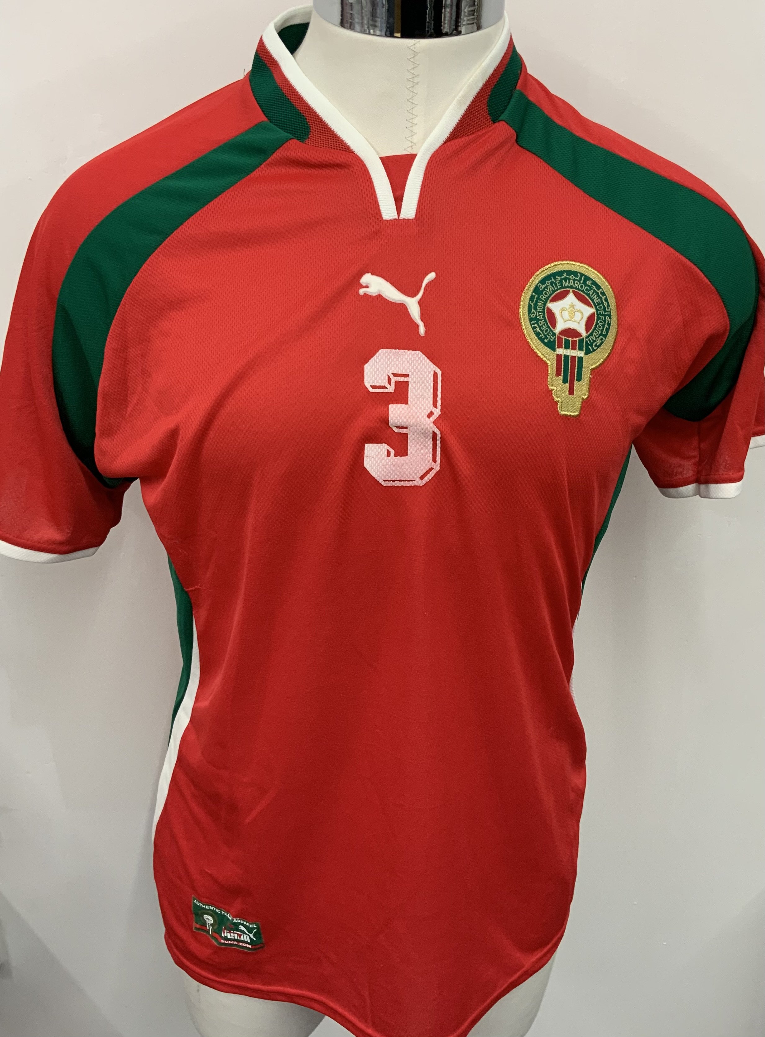 Morocco 2000 Match Worn Football Shirt: Red short sleeve shirt. Number 3. 