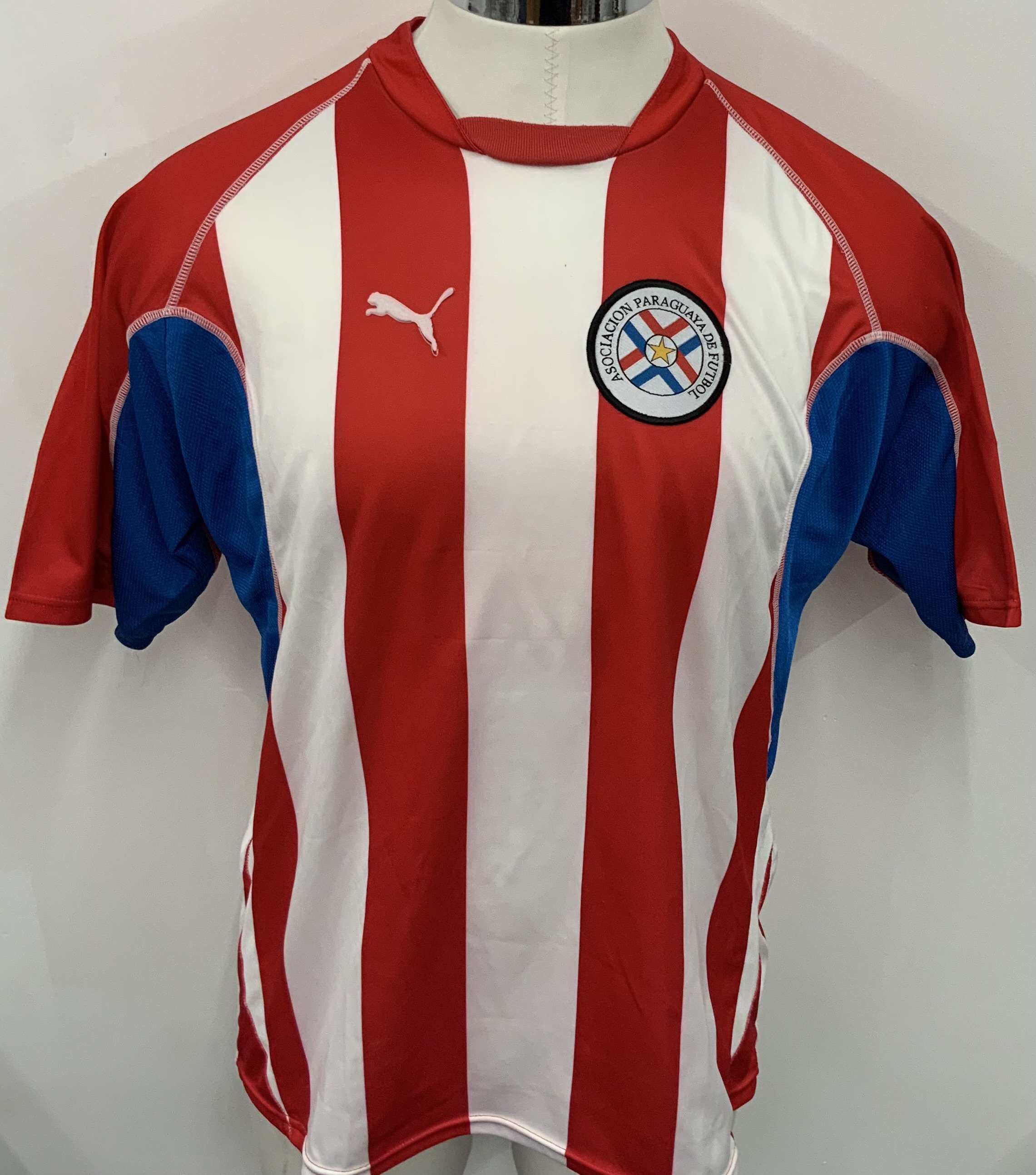 Paraguay 2002 Match Worn Football Shirt: Red and white striped short sleeve shirt. Number 11.