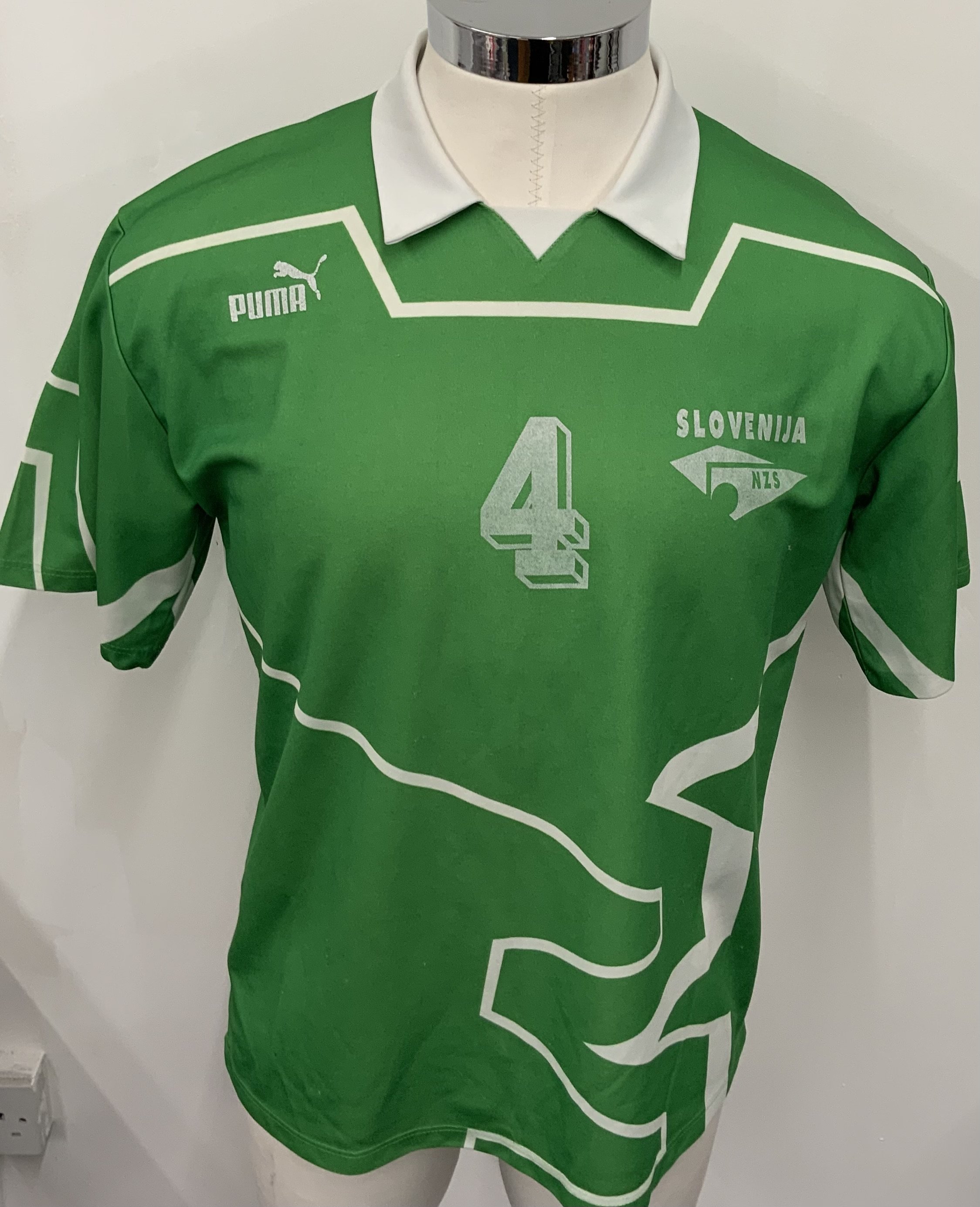 Slovenia 1993 Match Worn Football Shirt: Green short sleeve shirt. Number 4. 
