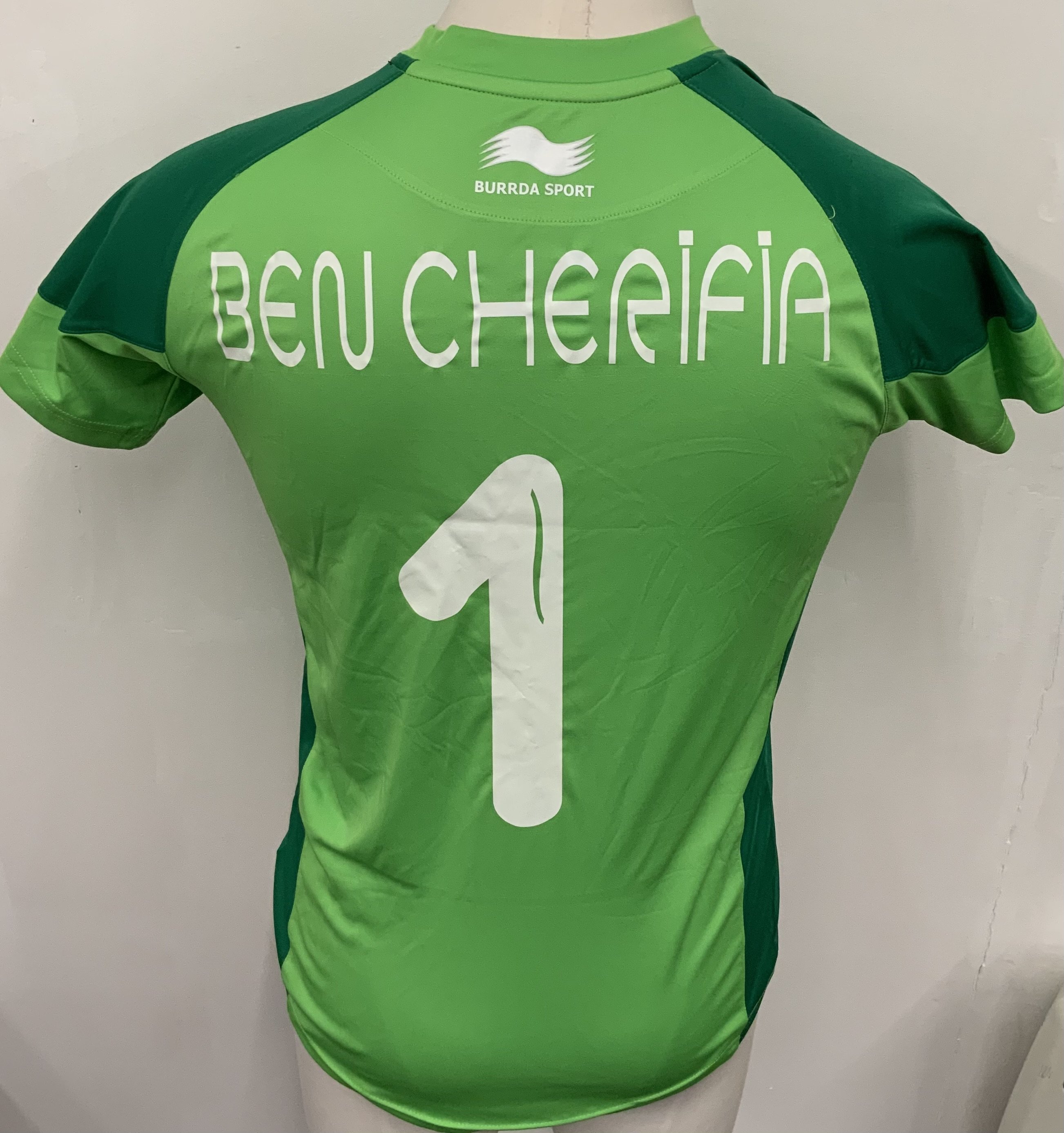Tunisia 2014 Match Worn Football Shirt: Green goalkeeper short sleeve shirt. Number 1 Ben Cherifa. Worn during World Cup Qualifiers. 
