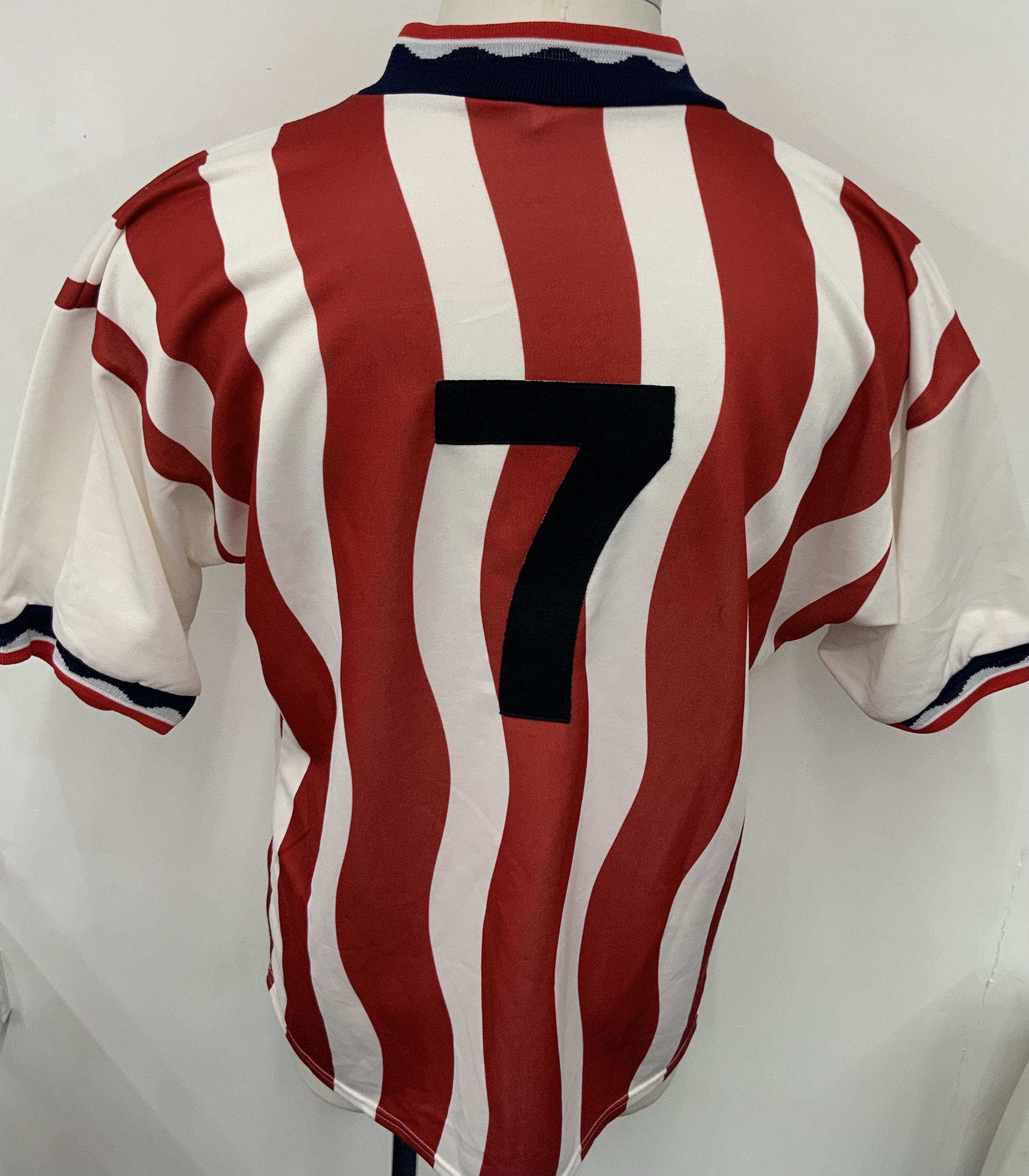 USA 1994 Match Worn Football Shirt: Red & white striped short sleeve shirt. Number 7. 