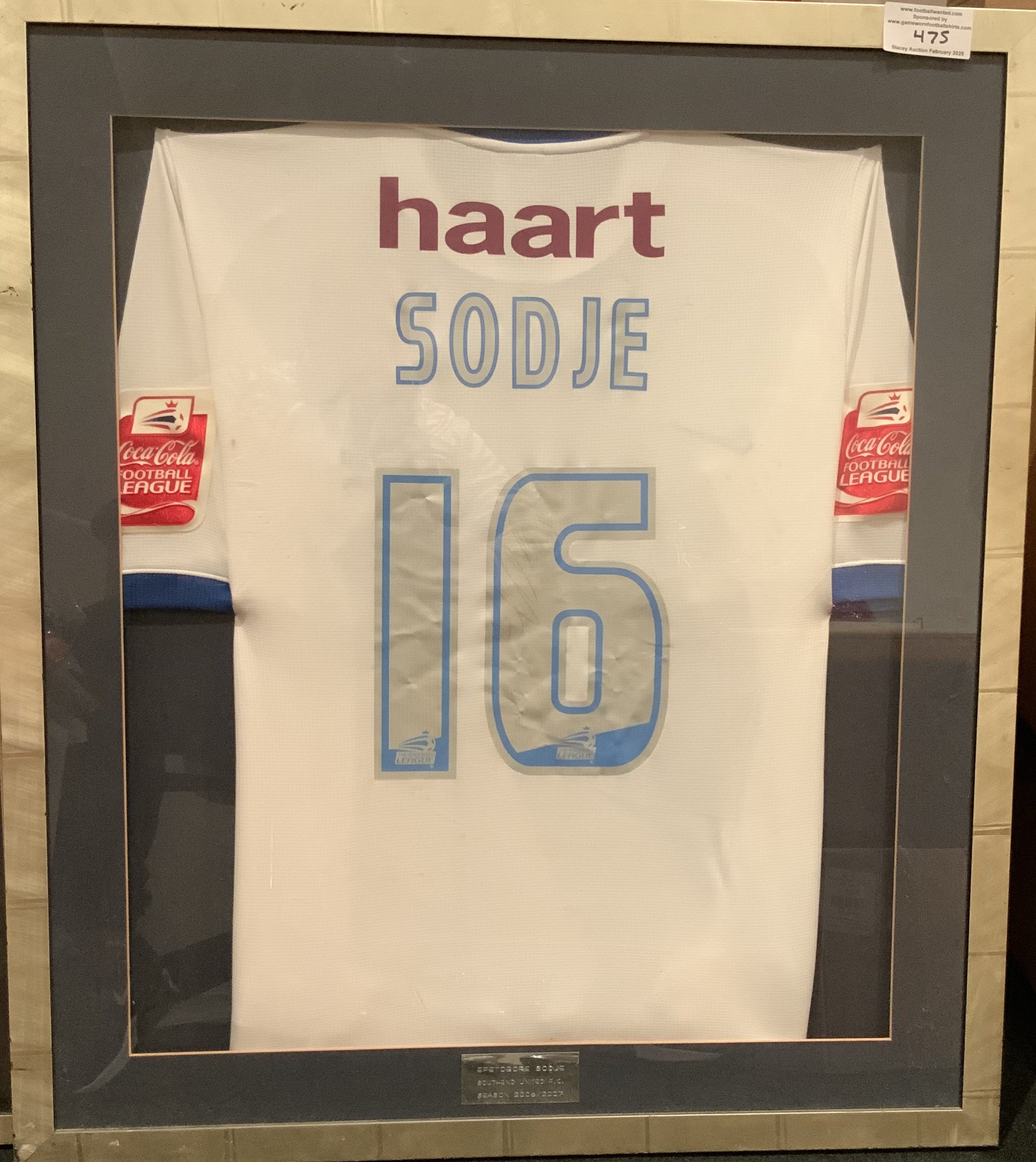 Southend 2006  - 2007 Match Worn Framed Signed Football Shirt: Sodje 16 to rear and signed by the player. Frame measures approximately 33 inches by 29 inches. Not for posting. 