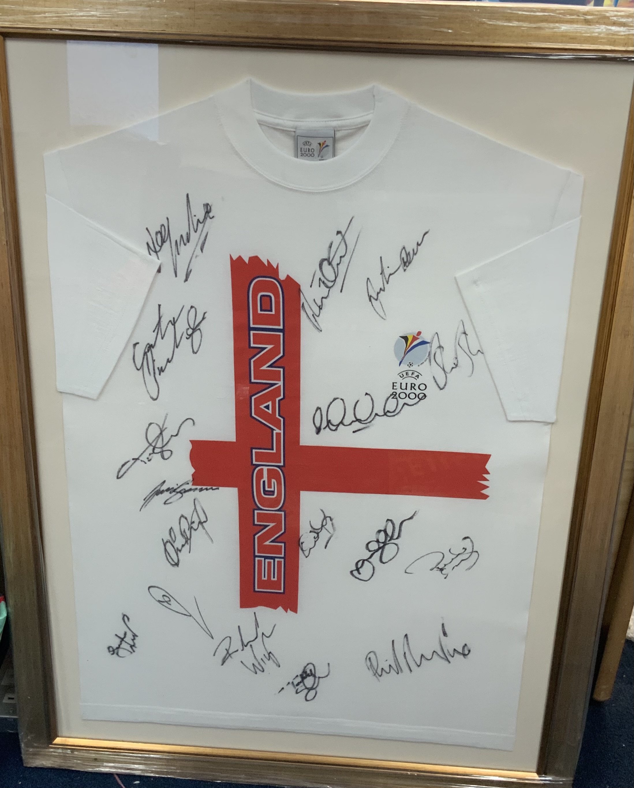 England Euro 2000 Signed Framed Football T Shirt: Squad signed to front. Frame measures approximately 39 inches by 29 inches. No Coa. Not for posting. 