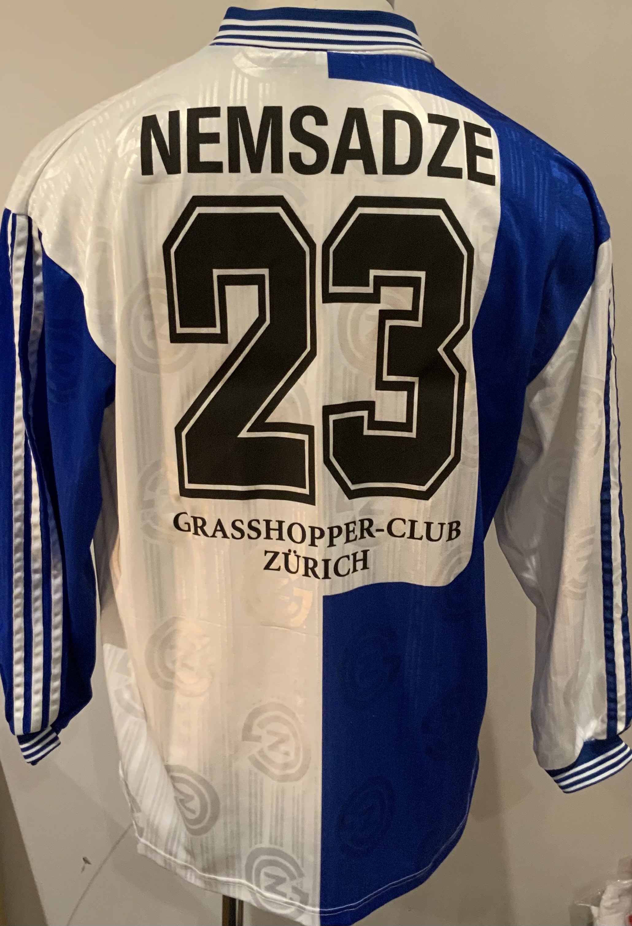 Grasshopper Zurich 1997 - 1998 Match Worn Football Shirt: Blue and white long sleeve shirt with number 23 Nemsadze to rear. Worn during the season when he made 27 appearances, scoring two goals. 