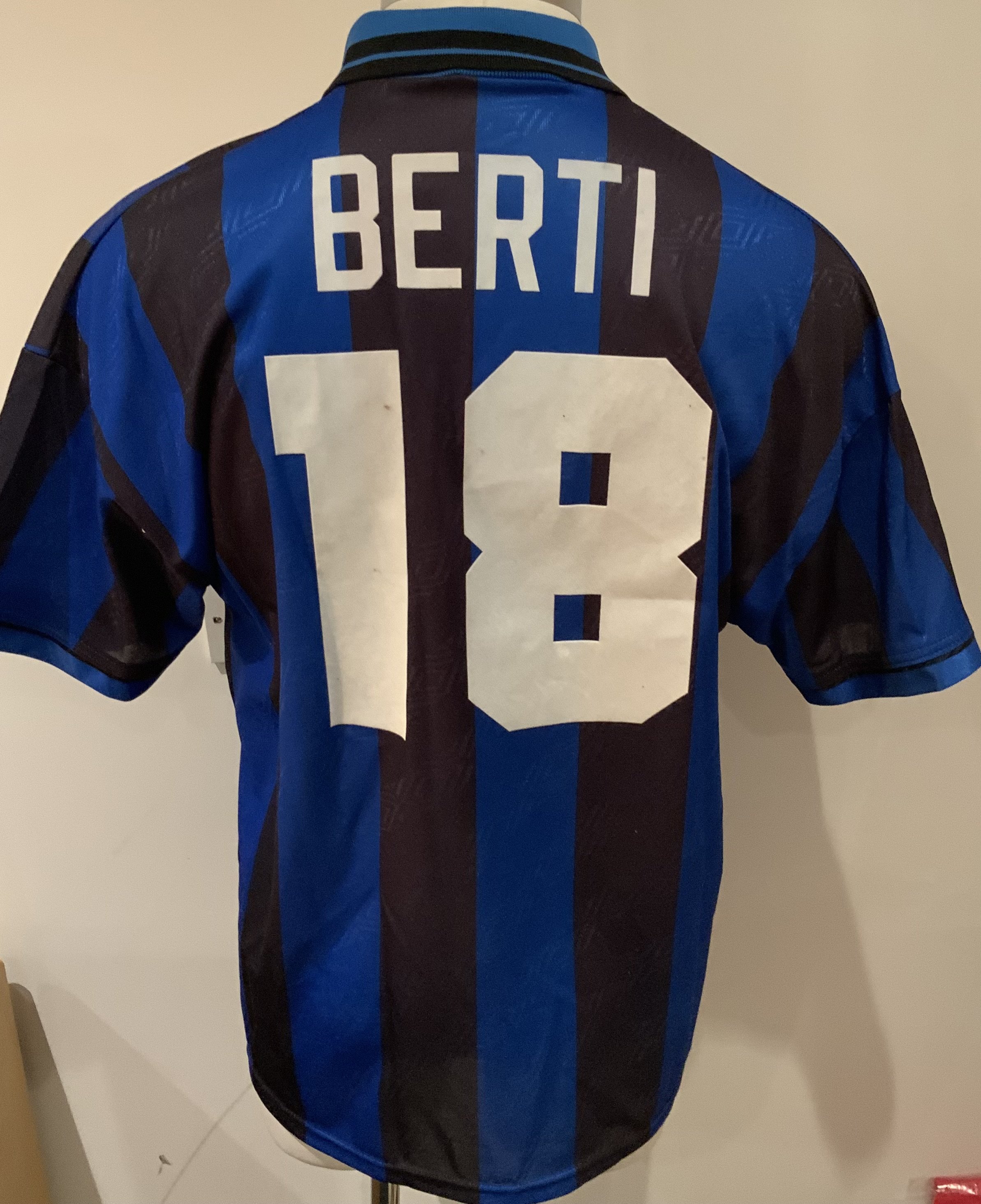 WITHDRAWN - Inter Milan 1995 - 1996 Match Worn Football Shirt: Blue and black short sleeve shirt with Berti 18 to rear. Worn v Arsenal in the friendly on 10 August 1995. Berti captained Milan in the game which also featured Denis Bergkamp debut for Arsenal. The match finished 0-0.