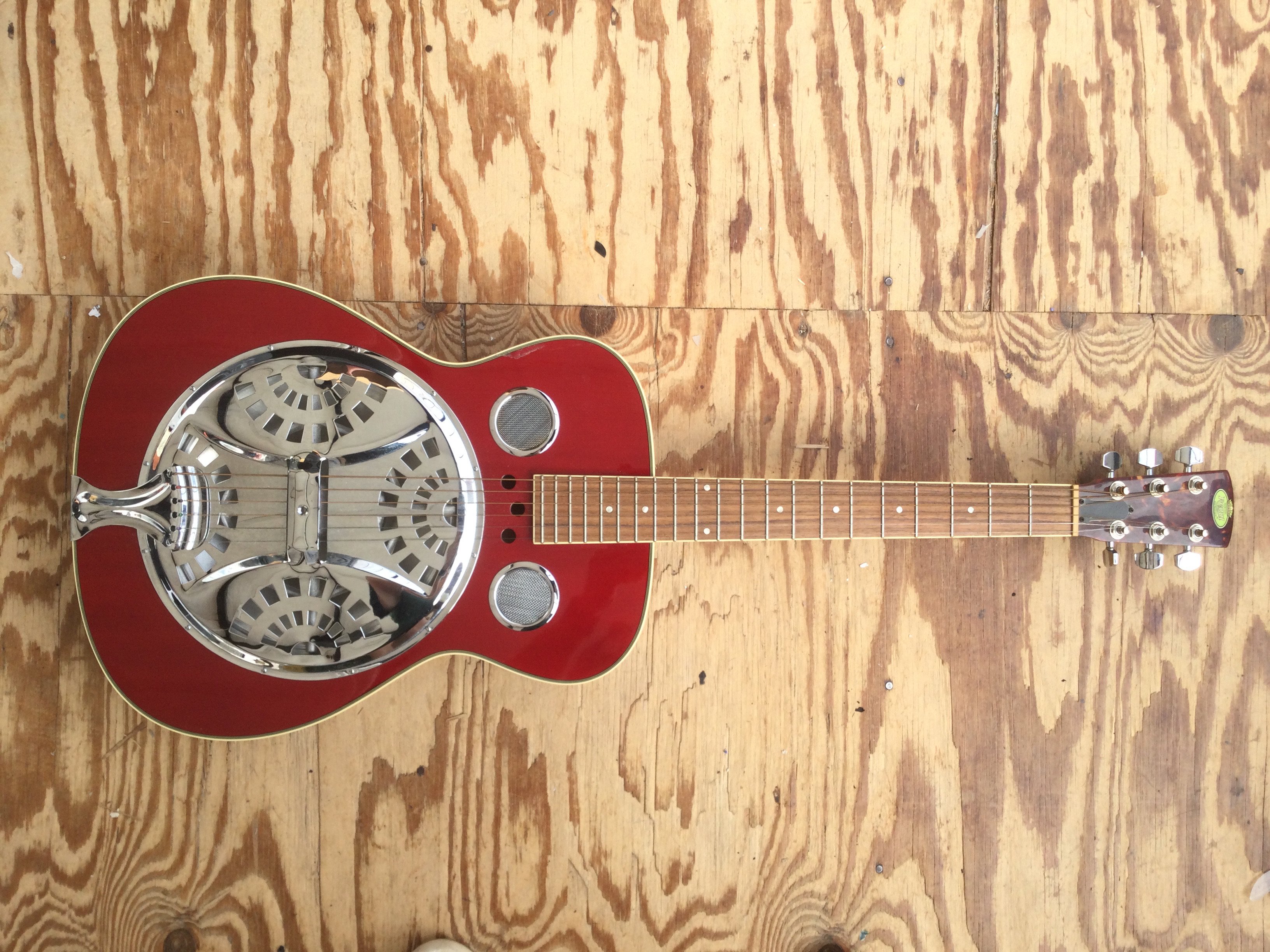 A Regal resonator guitar and gig bag.