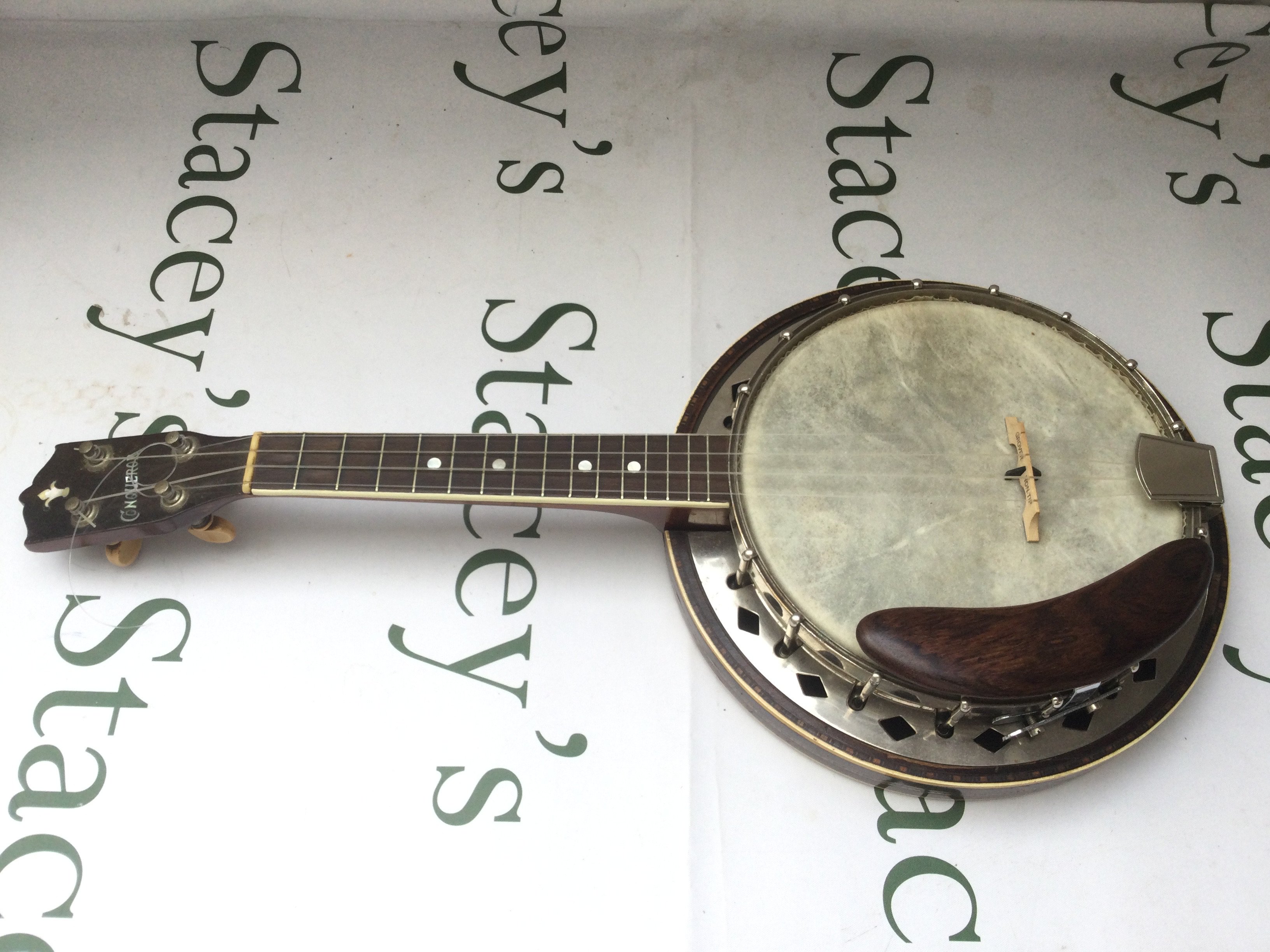 A Conqueror banjolele with soft carry case.