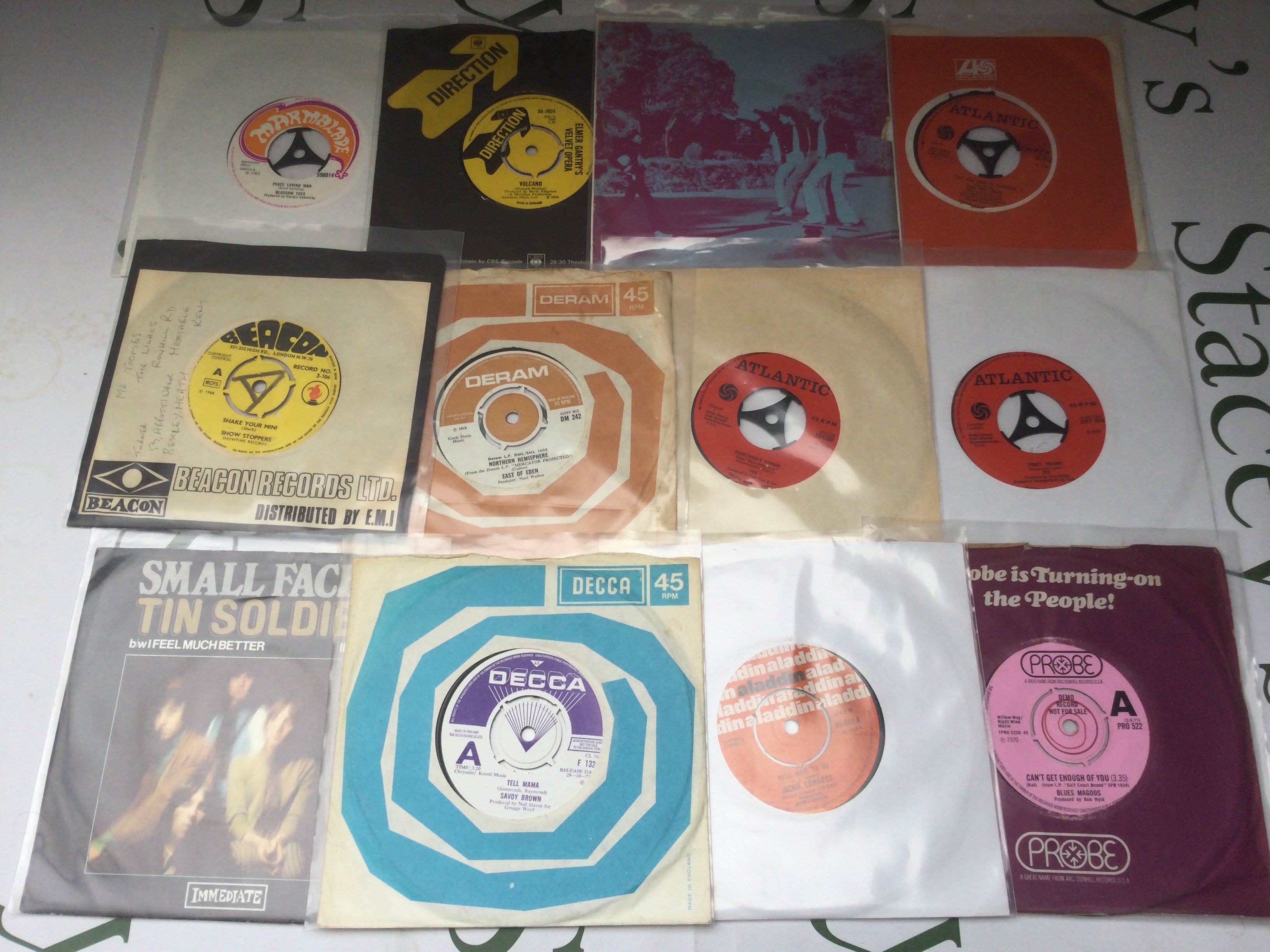 A collection of 12 rare 7" singles including demo discs. Various artists including Small Faces, Blues Magoos, Yes etc.