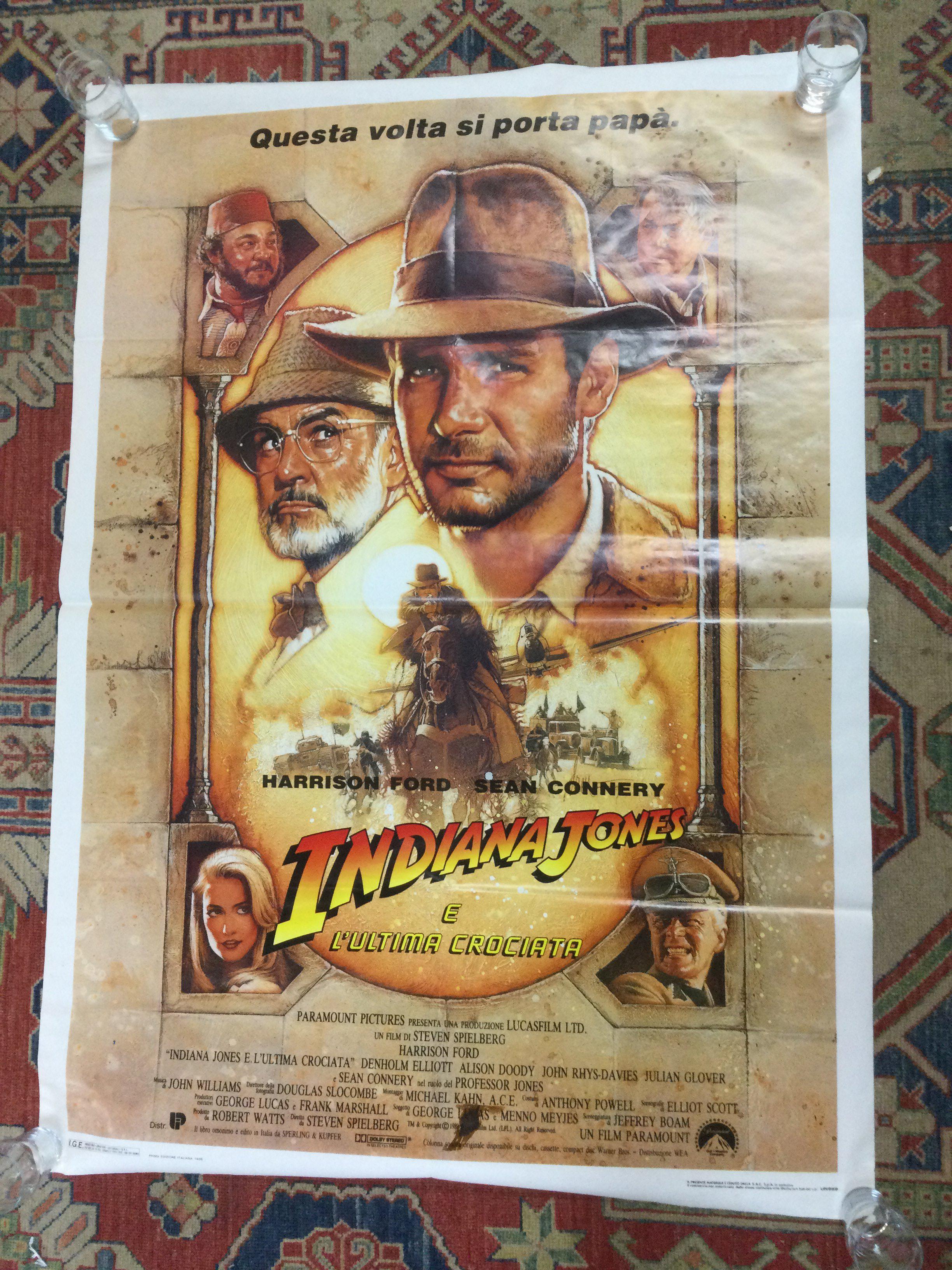 An Italian film poster for Indiana Jones and The Last Crusade, rolled. Approx 140cm x 100cm.