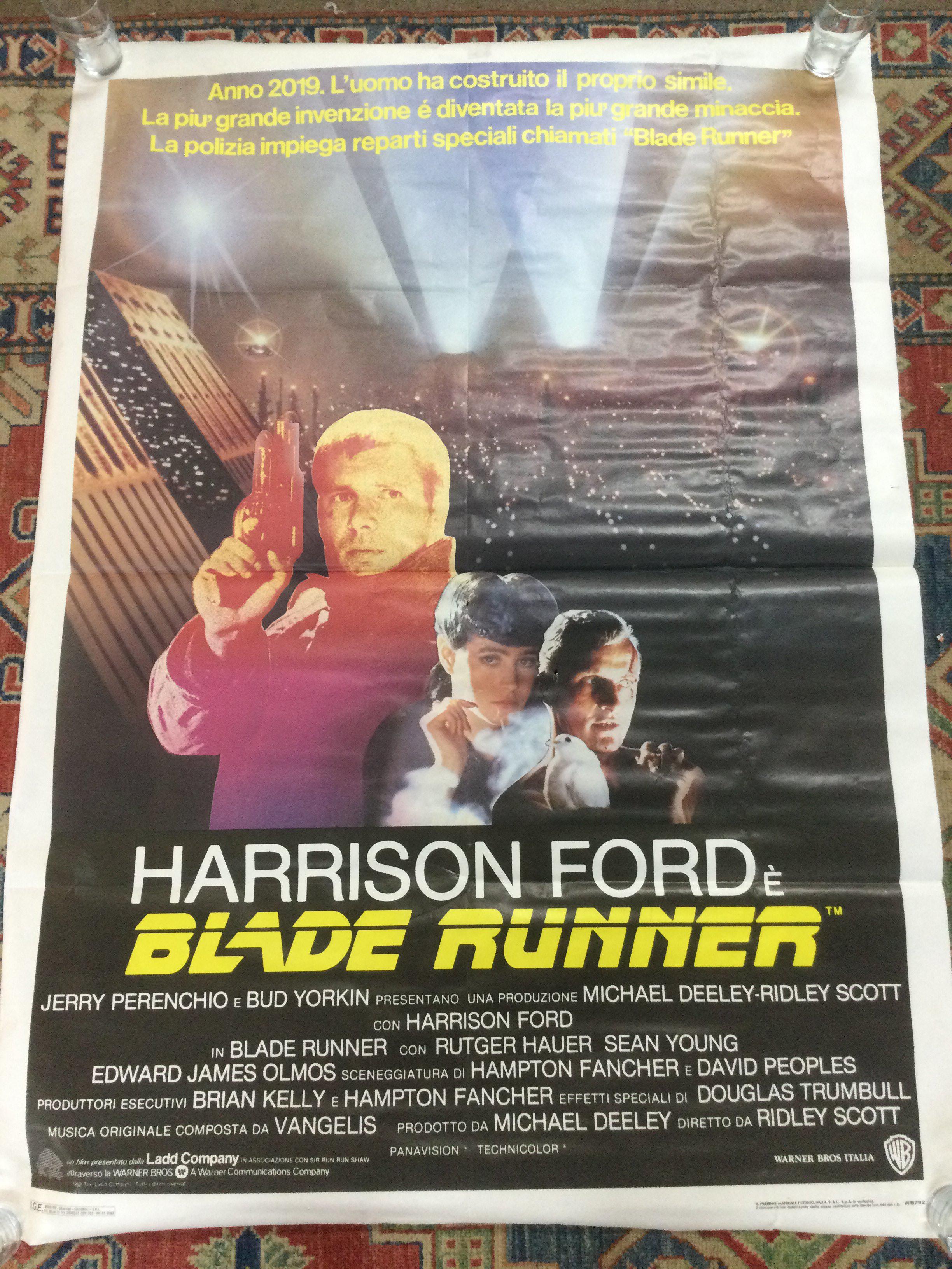 An Italian film poster for Bladerunner, rolled but has been folded with a small tear and hole. Approx 140cm x 100cm.