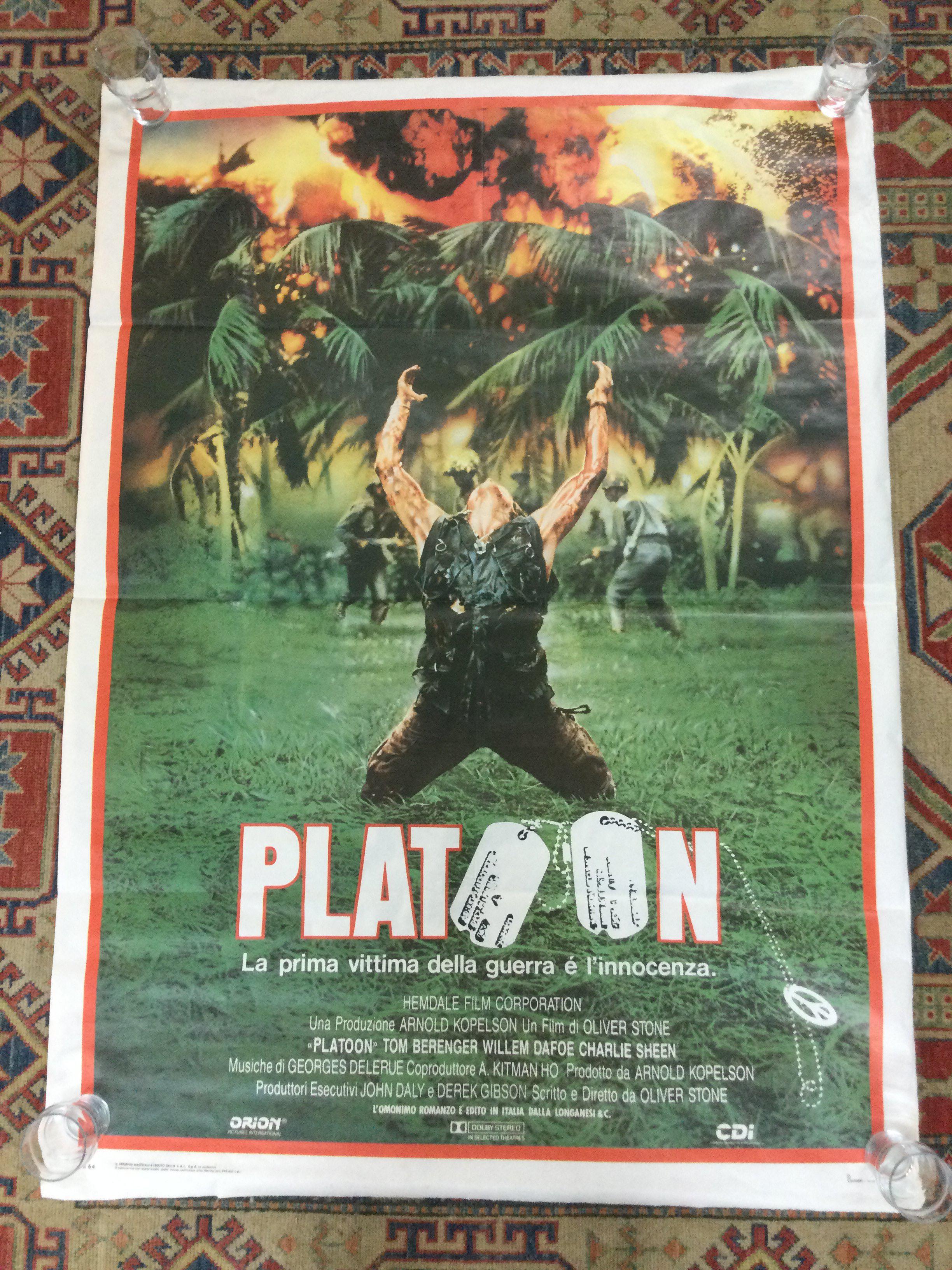 An Italian film poster for Platoon, rolled with some crinkled areas. Approx 140cm x 100cm.