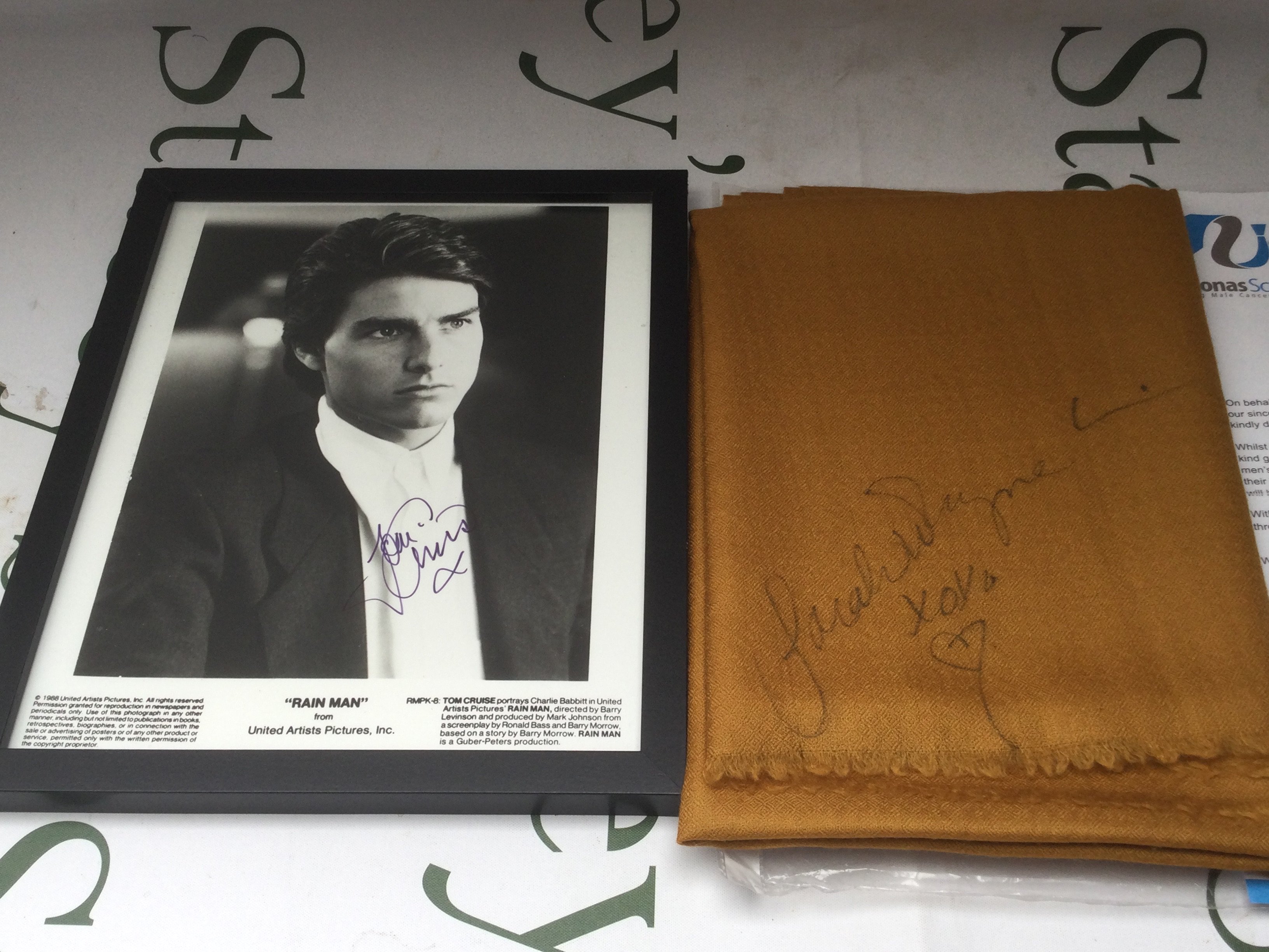 A signed Tom Cruise in Rain Man publicity photo plus a Sarah Wayne Callies (Prison Break) screen worn signed cashmere scarf with COA (2).