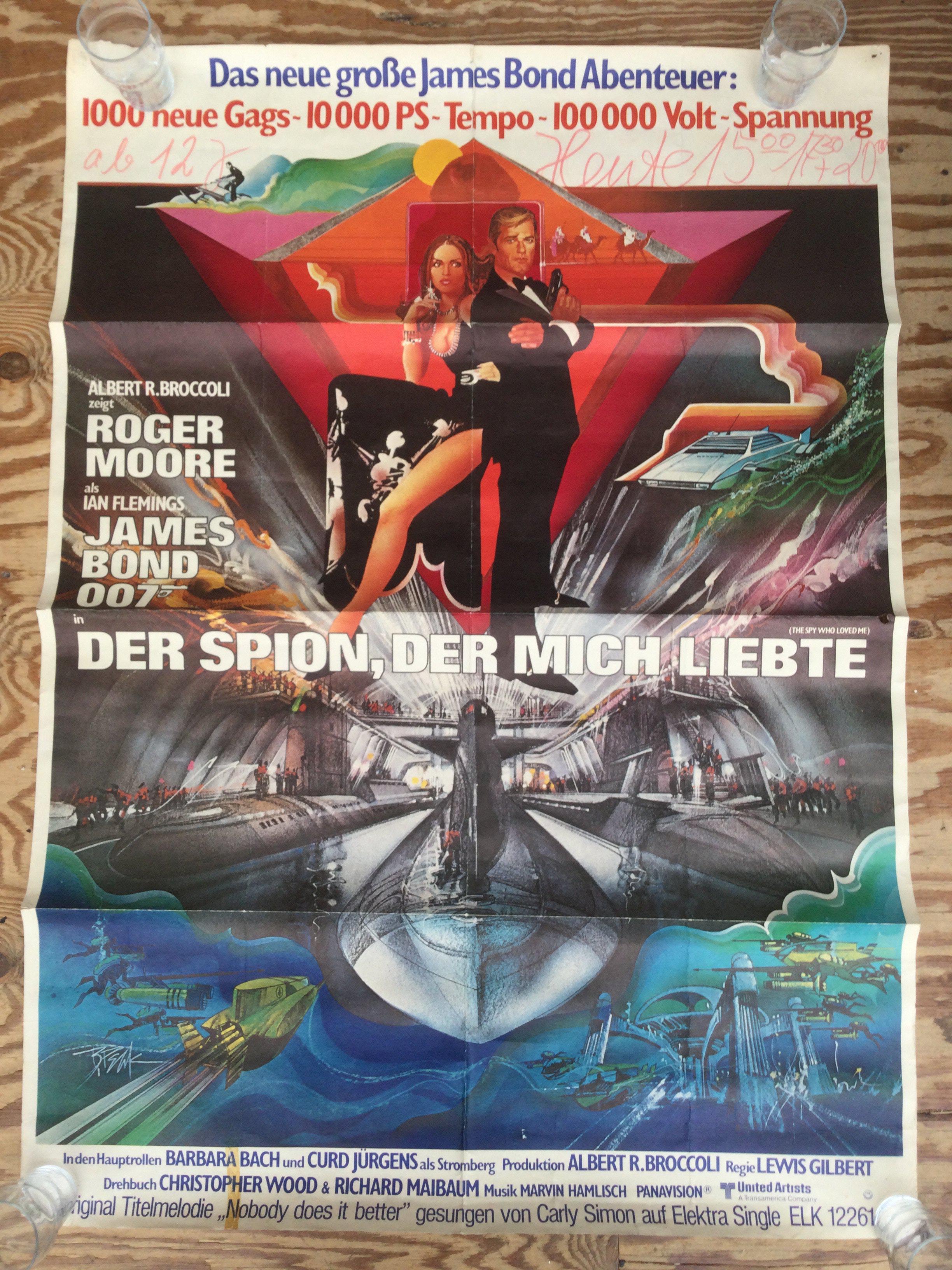 An original 1977 James Bond German film poster for The Spy Who Loved Me, approx 84cm x 115cm. Folded with some small holes.