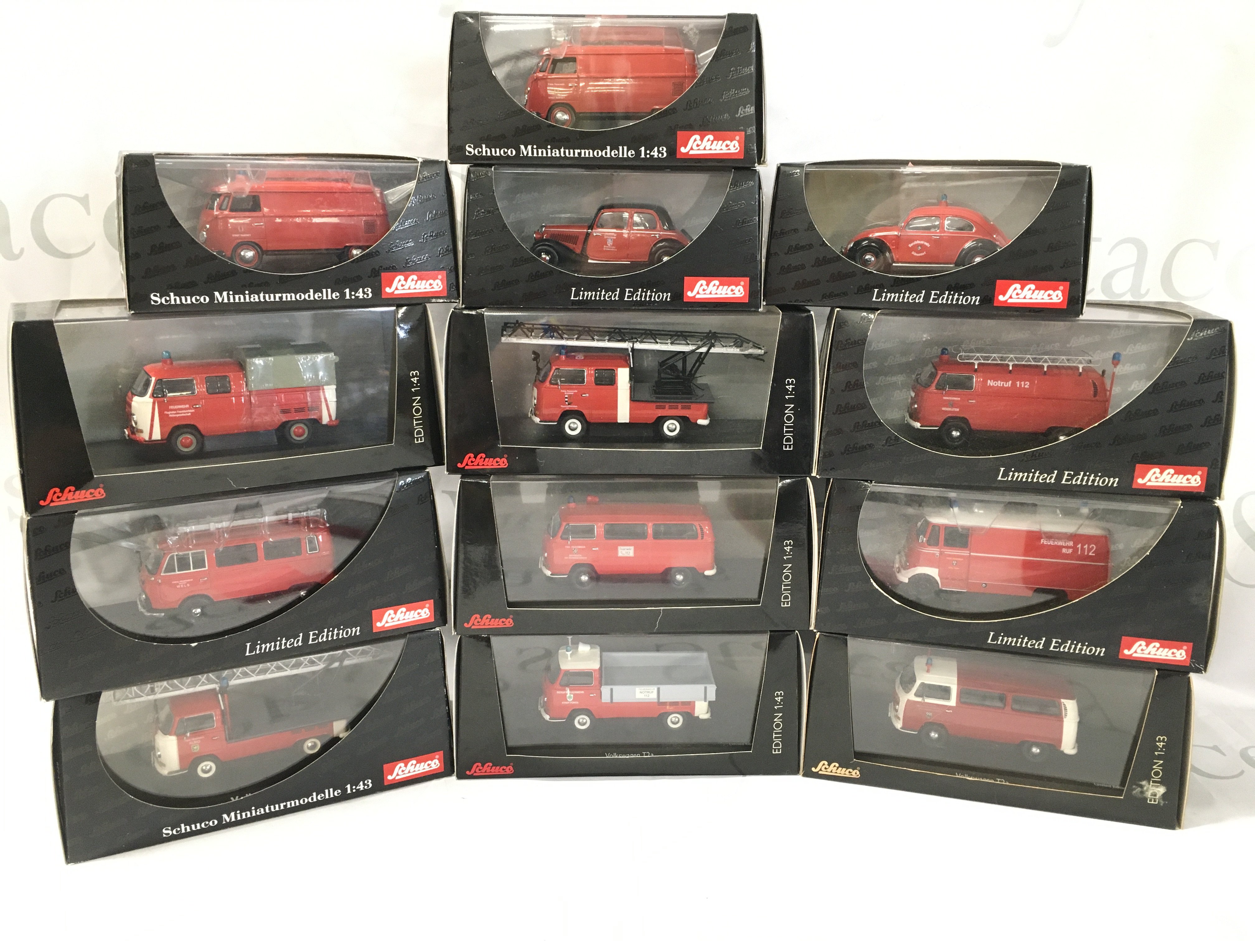 A Collection Of Boxed Schuco Fire Engines Mostly Volkswagen.