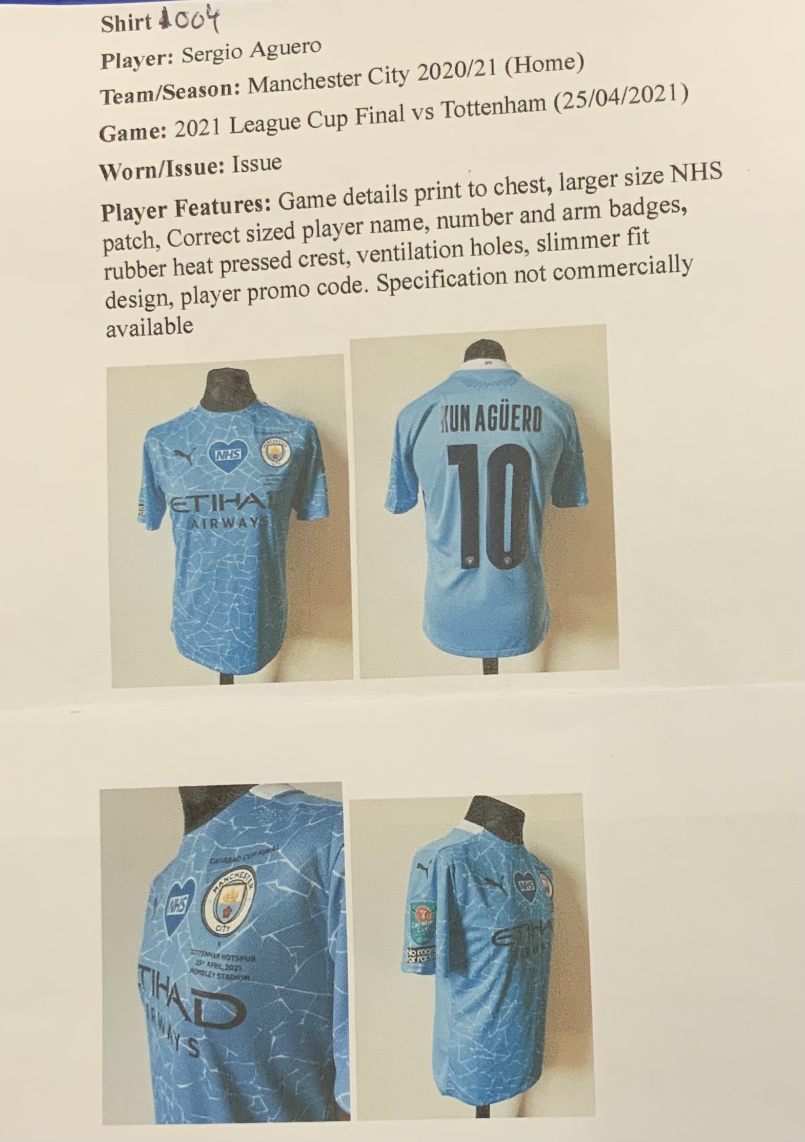 Manchester City 2021 League Cup Final Match Issued Football Shirt: Issued to Aguero for the final v Tottenham. Full details with online pictures.