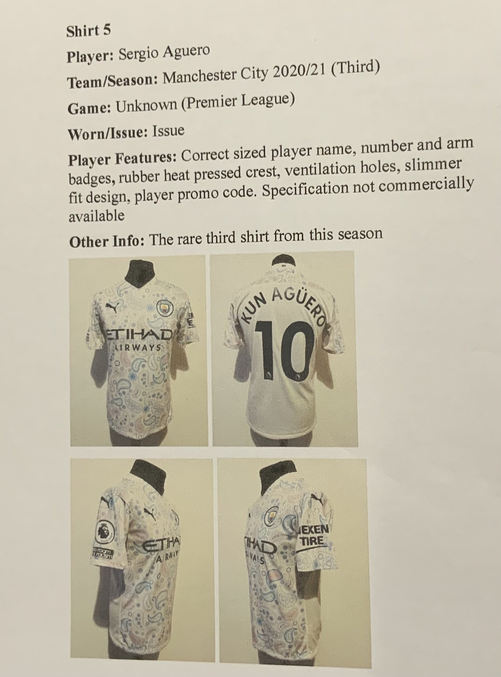 Manchester City 2020 - 2021 Match Issued Football Shirt: Issued to Aguero. Rare third shirt. Full details with online pictures.