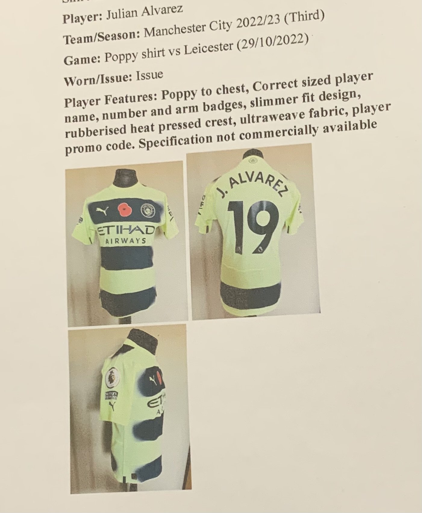 Manchester City 2022 - 2023 Match Issued PoppyFootball Shirt: Issued to Alvarez v Leicester. Full details with online pictures.