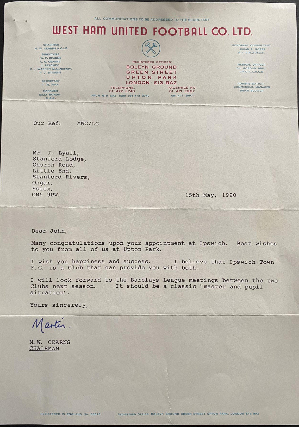 John Lyalls Ipswich Town Football Memorabilia: Includes letters from Martin Cearns and Eddie Chapman from West Hams board congratulating him on his appointment. Signed photos including last match of the season v Brighton with trophy in 1992. Civic reception from Town Hall also signed by Lyall. There are family congratulations cards, ties and other items with his signature including books. Tribute programme from 22 4 2006 which was given to the family which is multi signed. Nice lot.