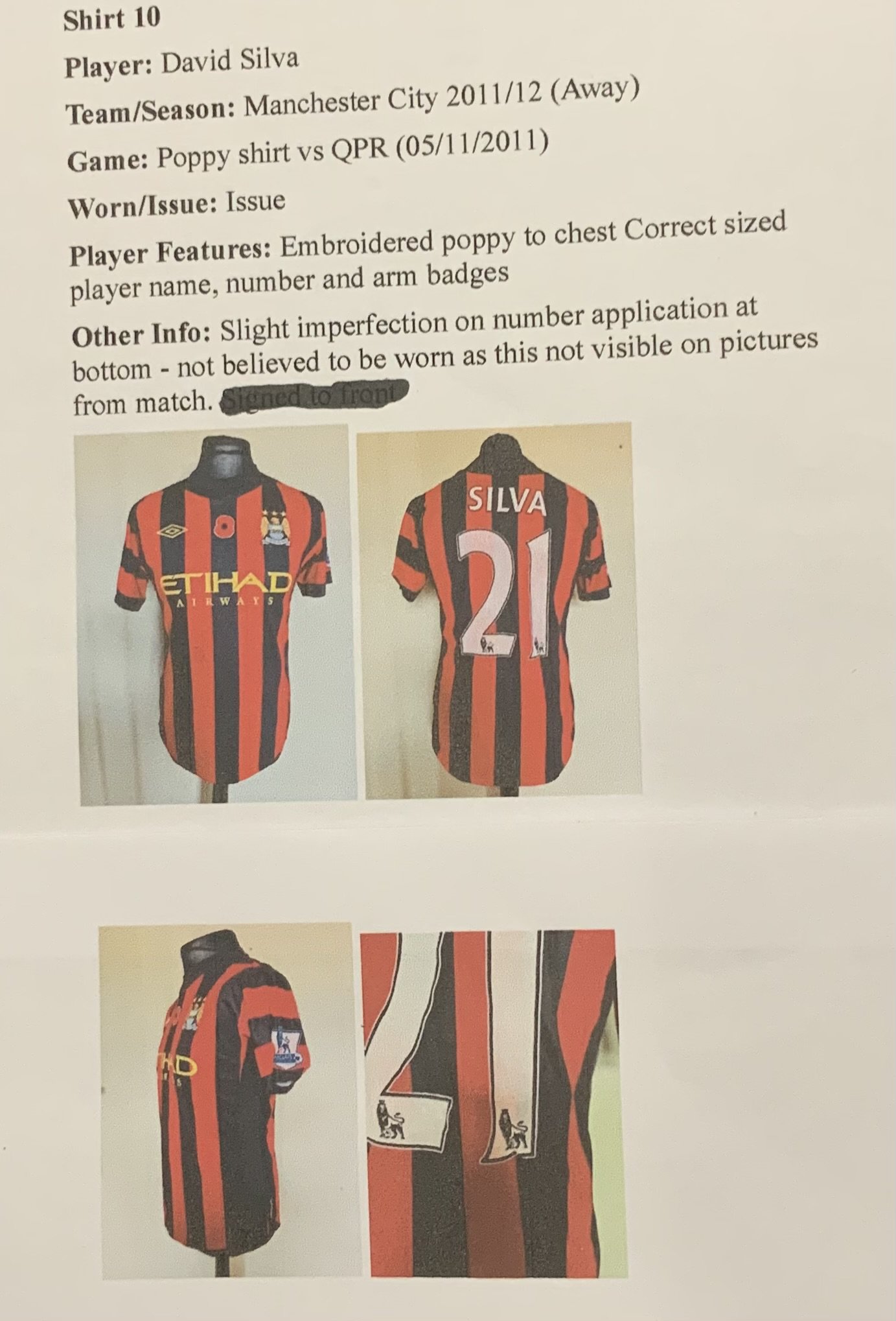 Manchester City 2011 - 2012 Match Issued Football Shirt: Issued to Silva v QPR . Full details with online pictures.