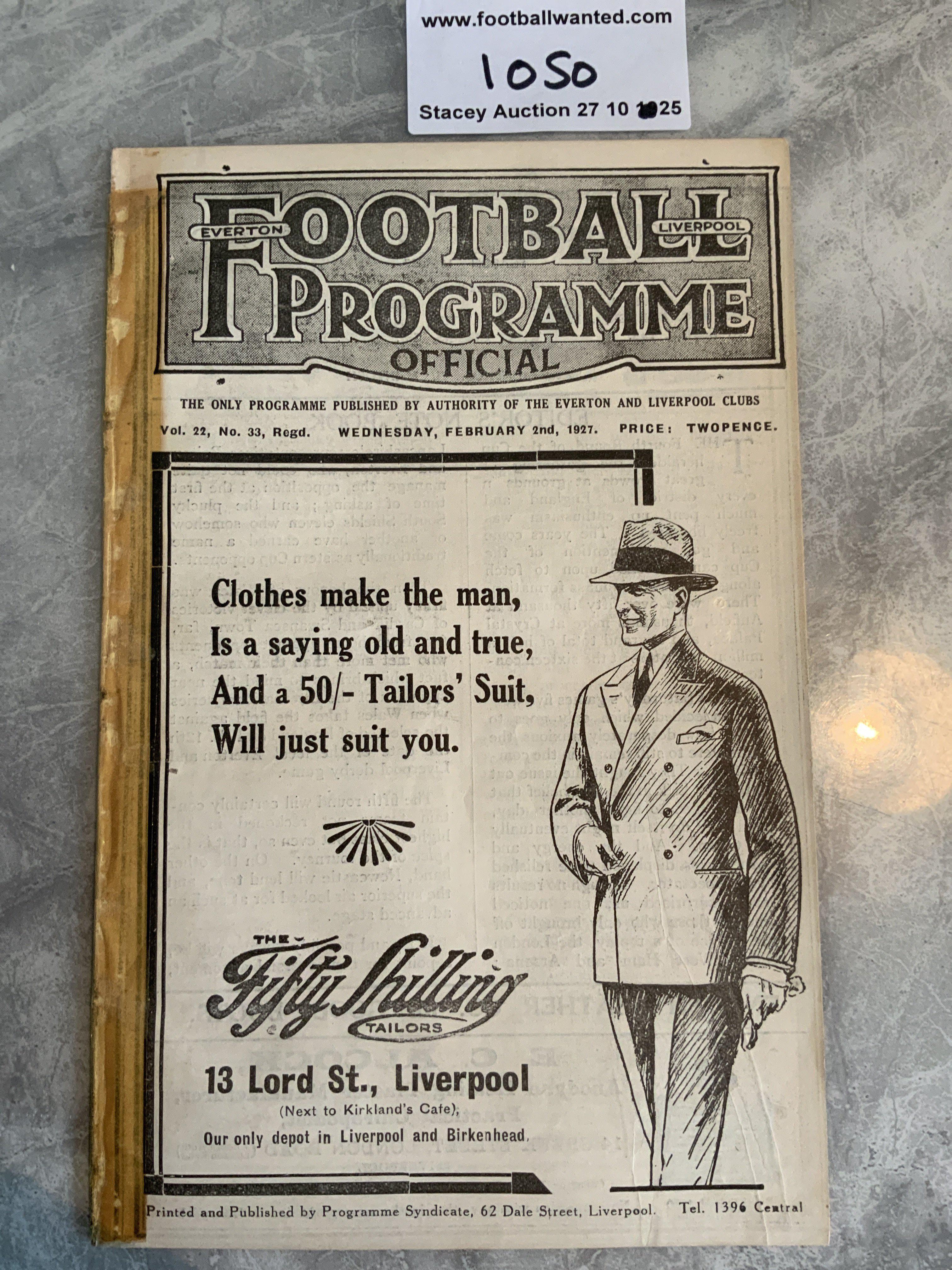 1926 - 1927 Everton v Hull City Football Programme: Ex bound FA Cup replay with tape to spine. Good with no team changes. Covers intact.