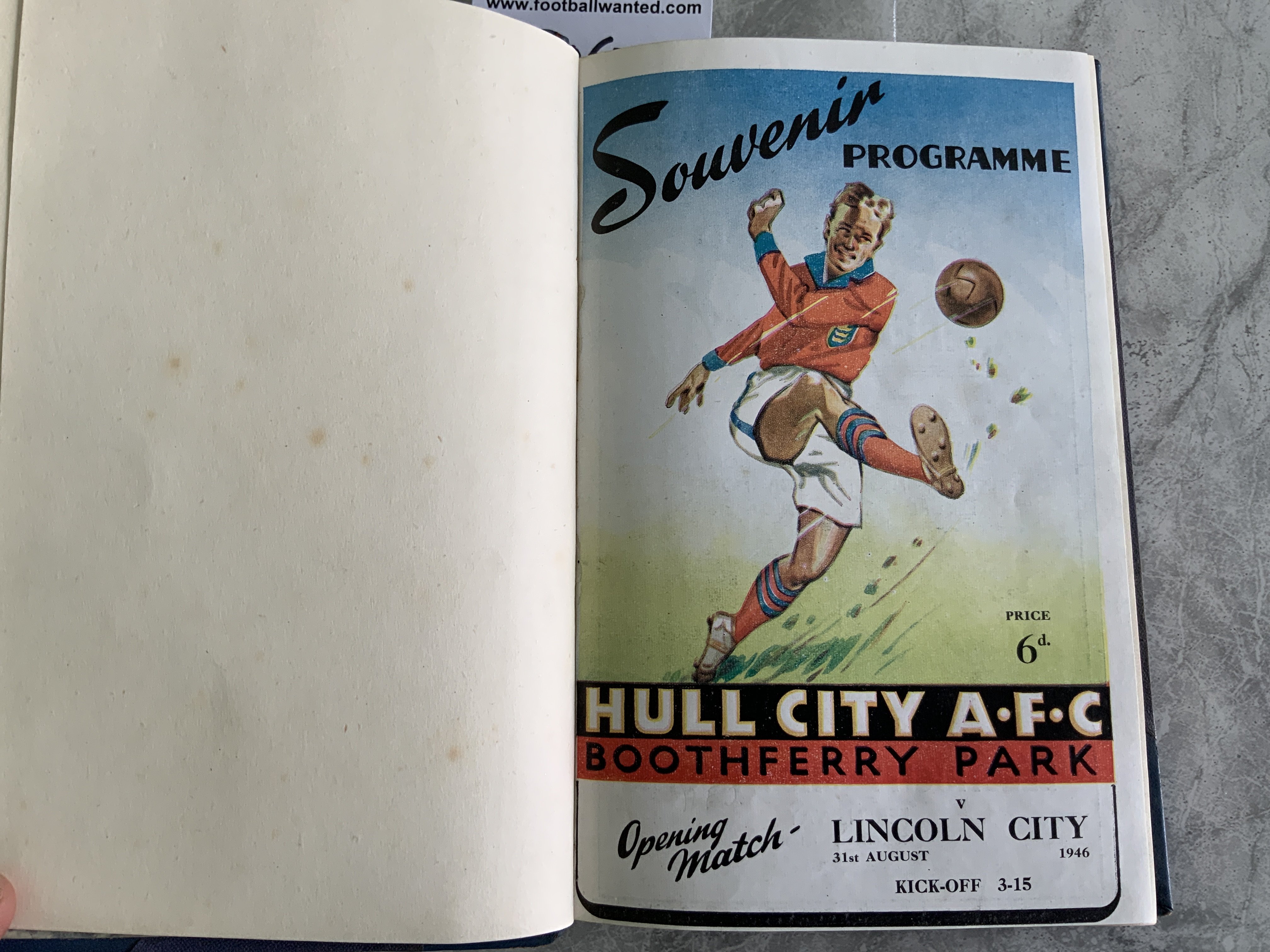 46/47 Hull City Bound Volume Of Football Programmes: Includes first match after the war in the League v Lincoln, Hull City Boys v Leicester Boys, Fulham friendly, Blackburn FA Cup, Bolton Disaster Fund. Complete in stunning unwritten condition with covers. Blue boards state Hull City AFC Programmes Season 1946-7 to spine.