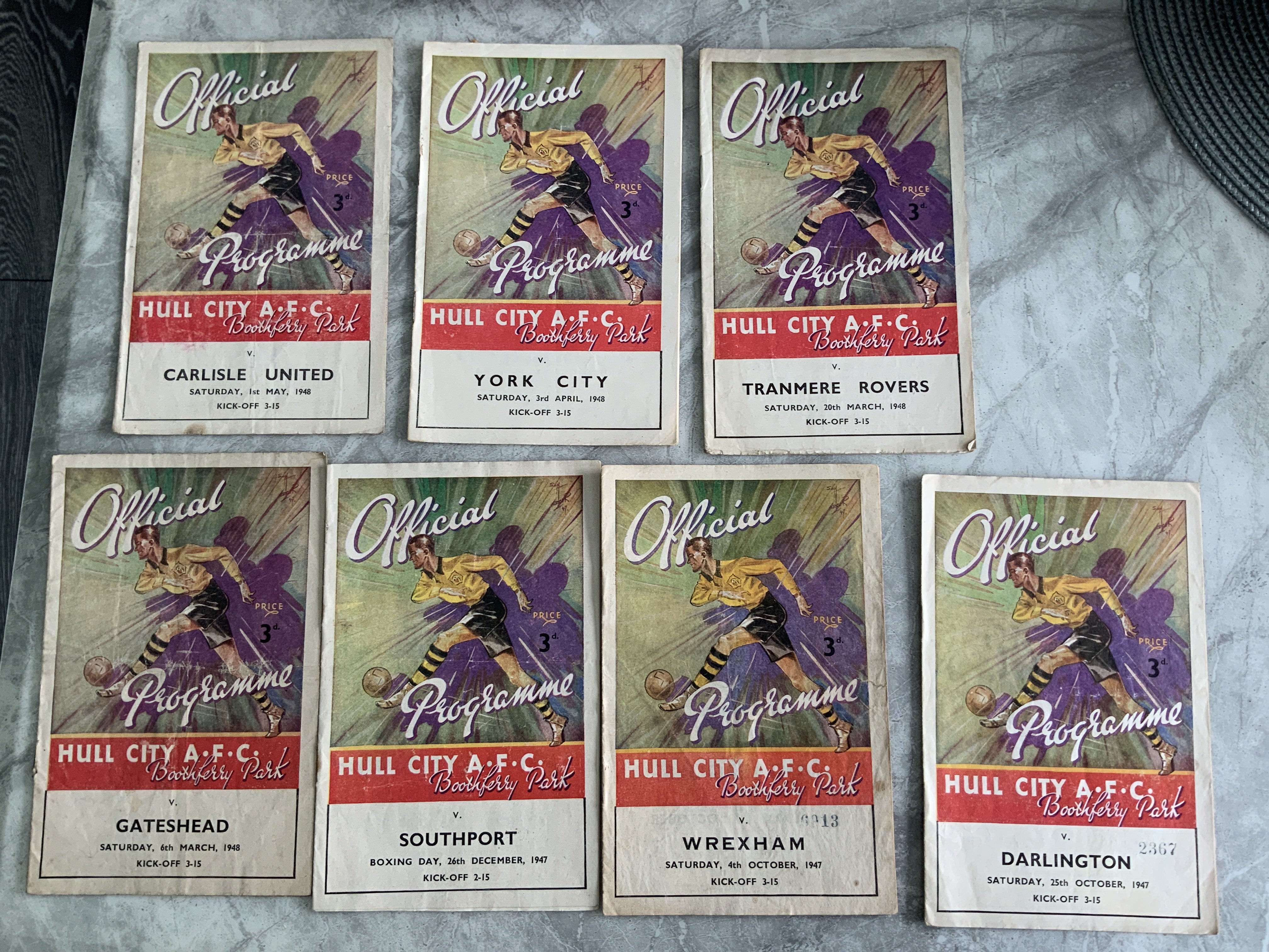 47/48 Hull City Home Football Programmes: Must be near complete to include Rotterdam Rotherham Accrington Stanley Mansfield Stockport Crewe Barrow Chester Rochdale Cheltenham Oldham Lincoln Middlesbrough Darlington Wrexham Southport Gateshead Tranmere York Carlisle and Hartlepool. Mainly good with Rochdale having punch holes. (21)