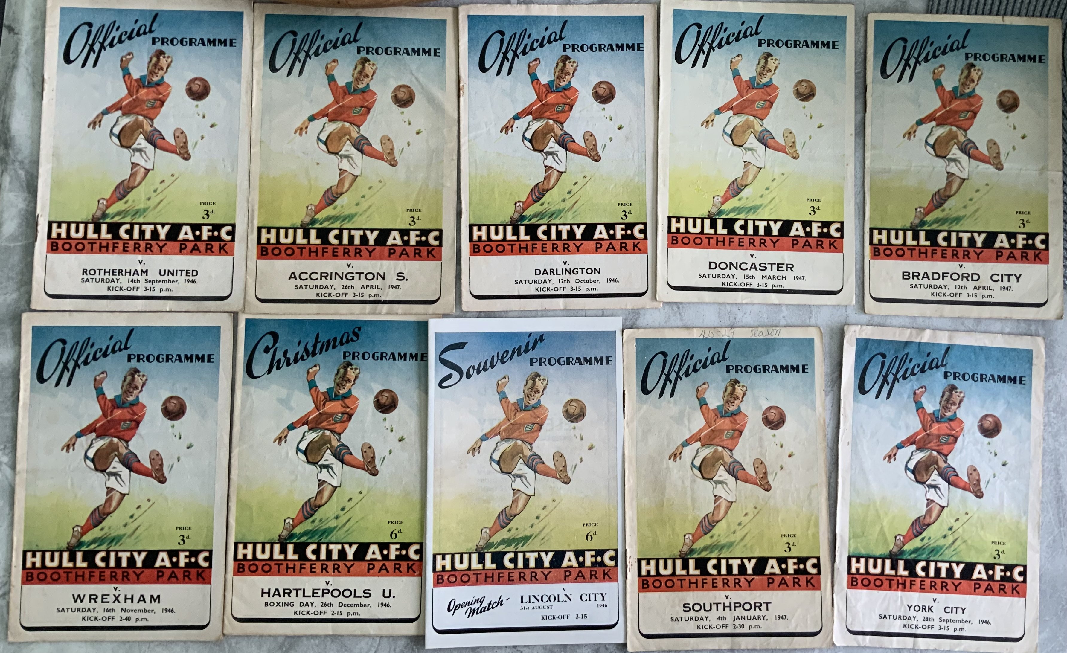 46/47 Hull City Home Football Programmes: Matches v Rotherham, Accrington Stanley, Lincoln reprint and original, Darlington, Doncaster, Wrexham, Southport writing, Bradford City, York and Hartlepool. Mainly good. (11)