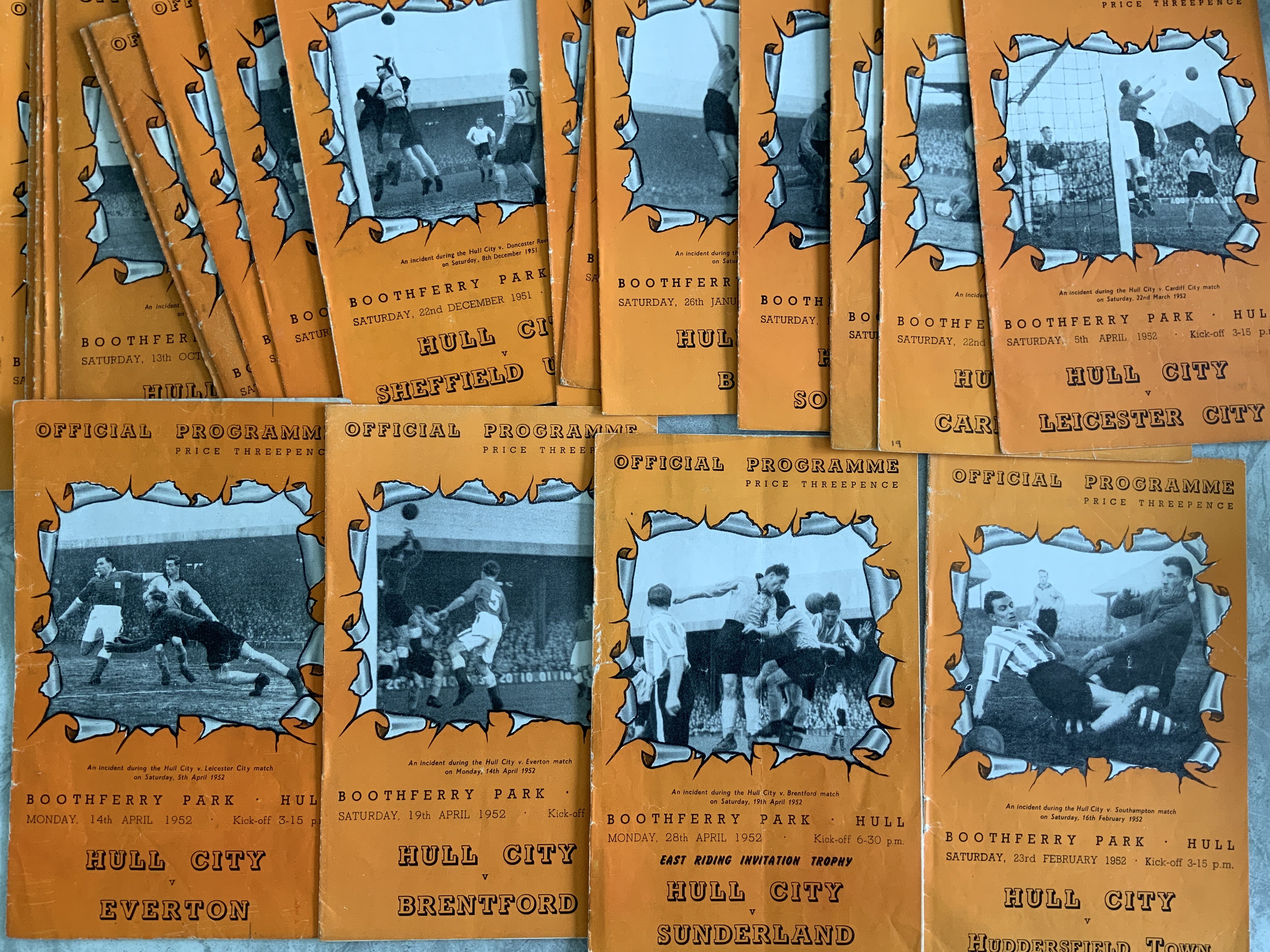 51/52 Hull City Home Football Programmes: Includes Sunderland East Riding Cup, Huddersfield friendly then a complete set of homes to include Leeds West Ham and Everton. Mainly good. (23)