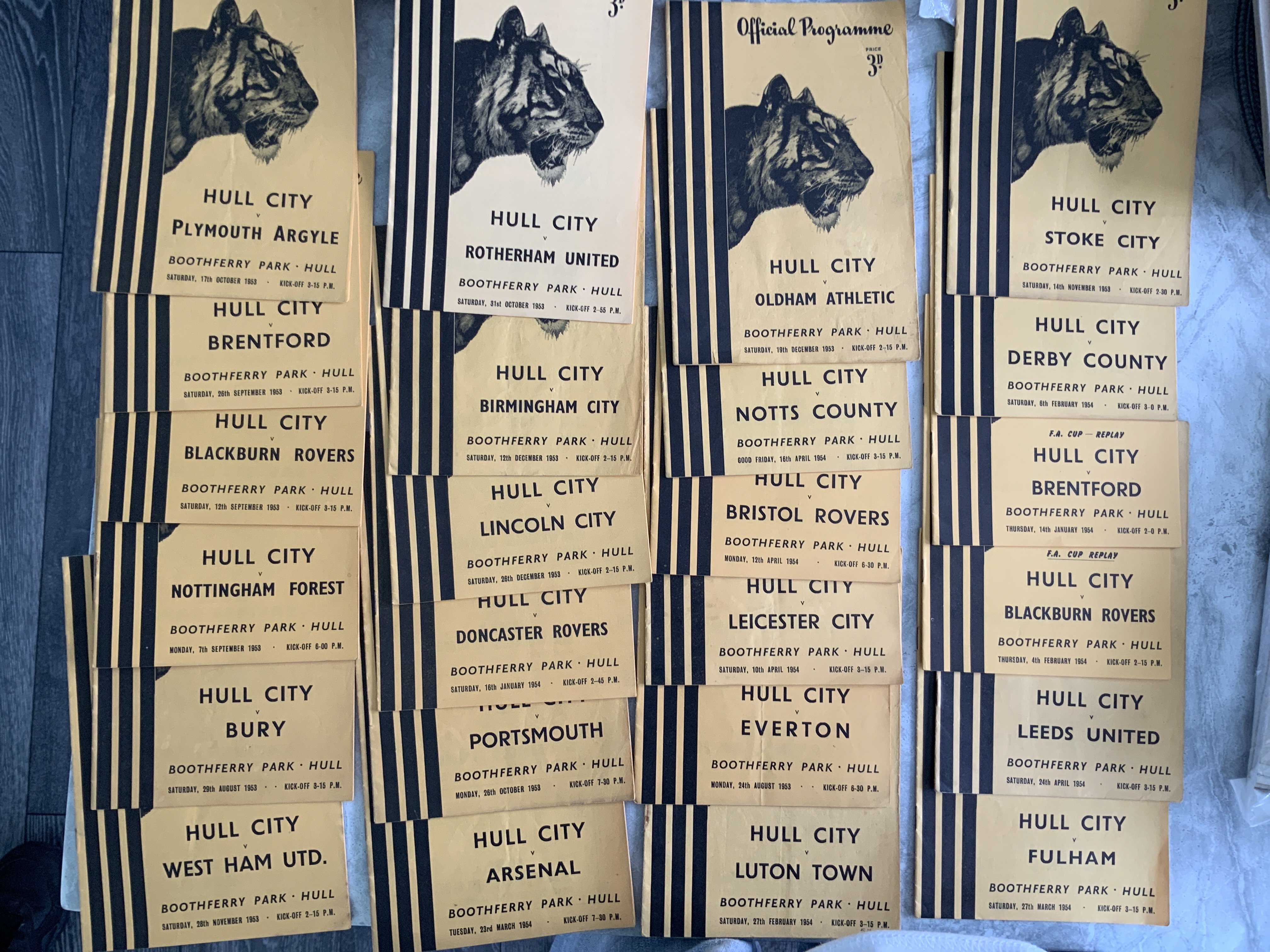 53/54 Hull City Home Football Programmes: Includes Portsmouth Arsenal friendly and cup replays v Brentford and Blackburn. Near complete set of league matches with only Swansea missing. Very good. (24)