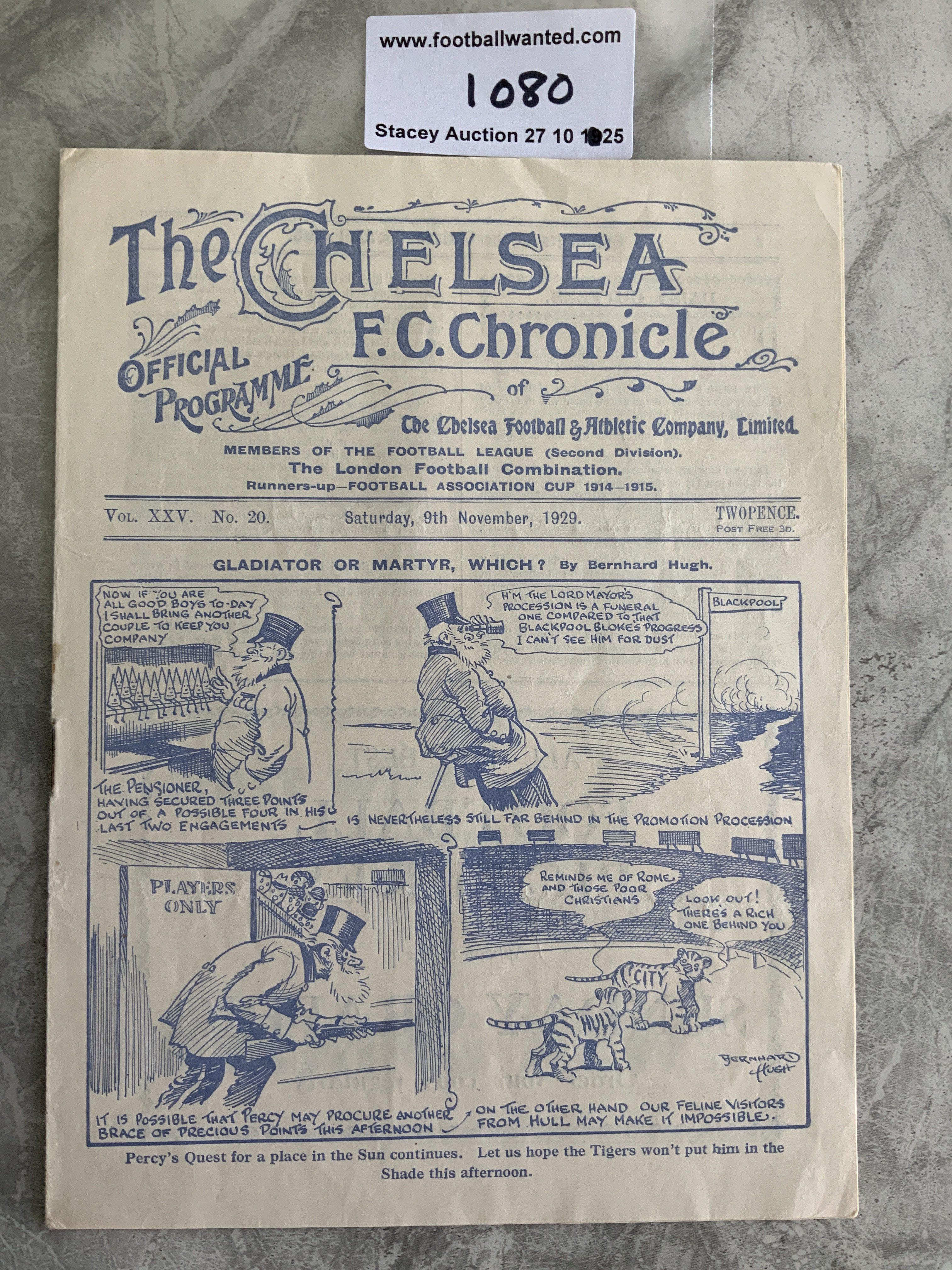 1929 - 1930 Chelsea v Hull City Football Programme: Very good condition league match with no team changes.
