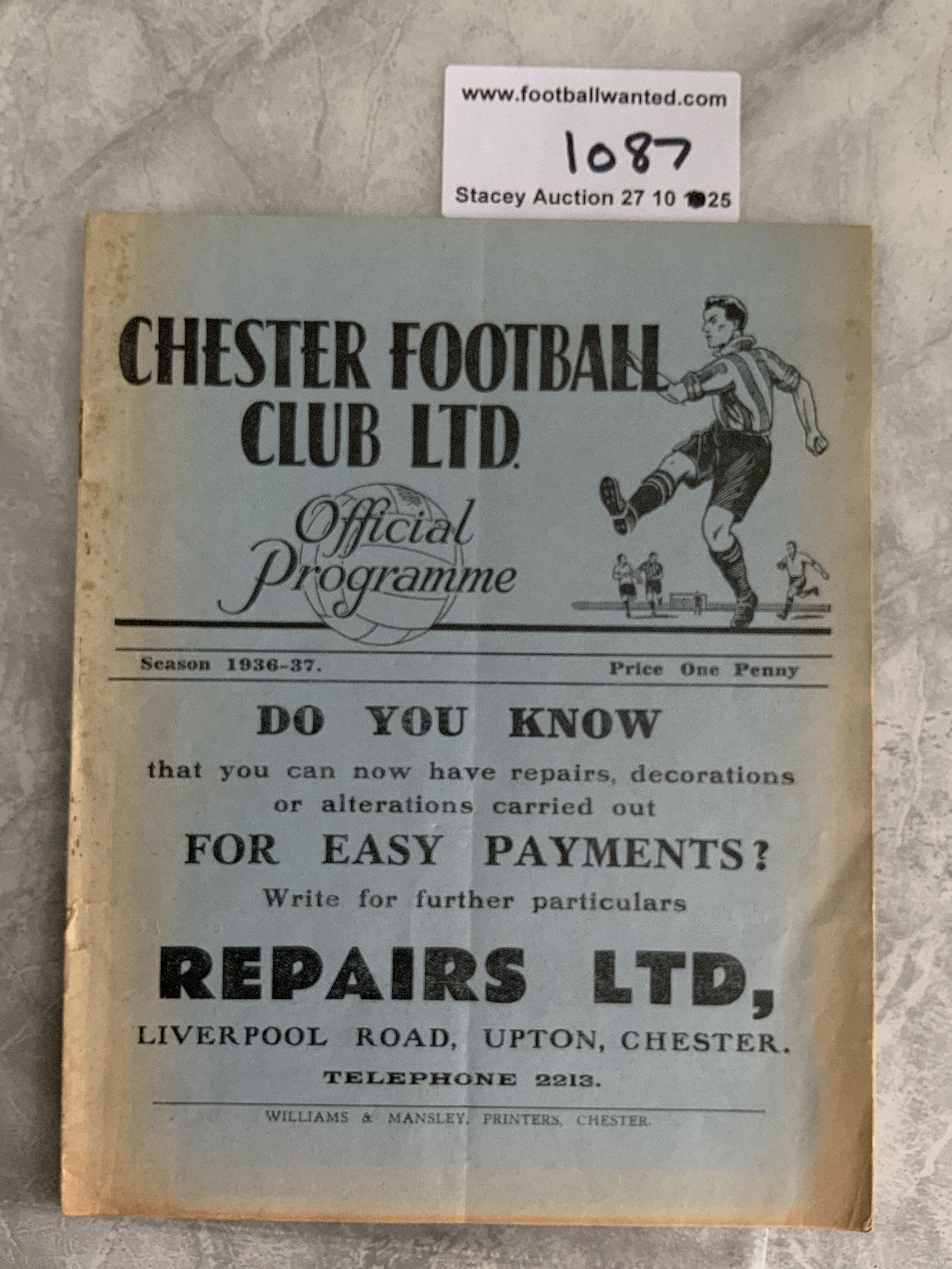 1936 - 1937 Chester v Hull City Football Programme: Good condition first team programme with no team changes. Score and scorers noted to team page. Lightest fold.