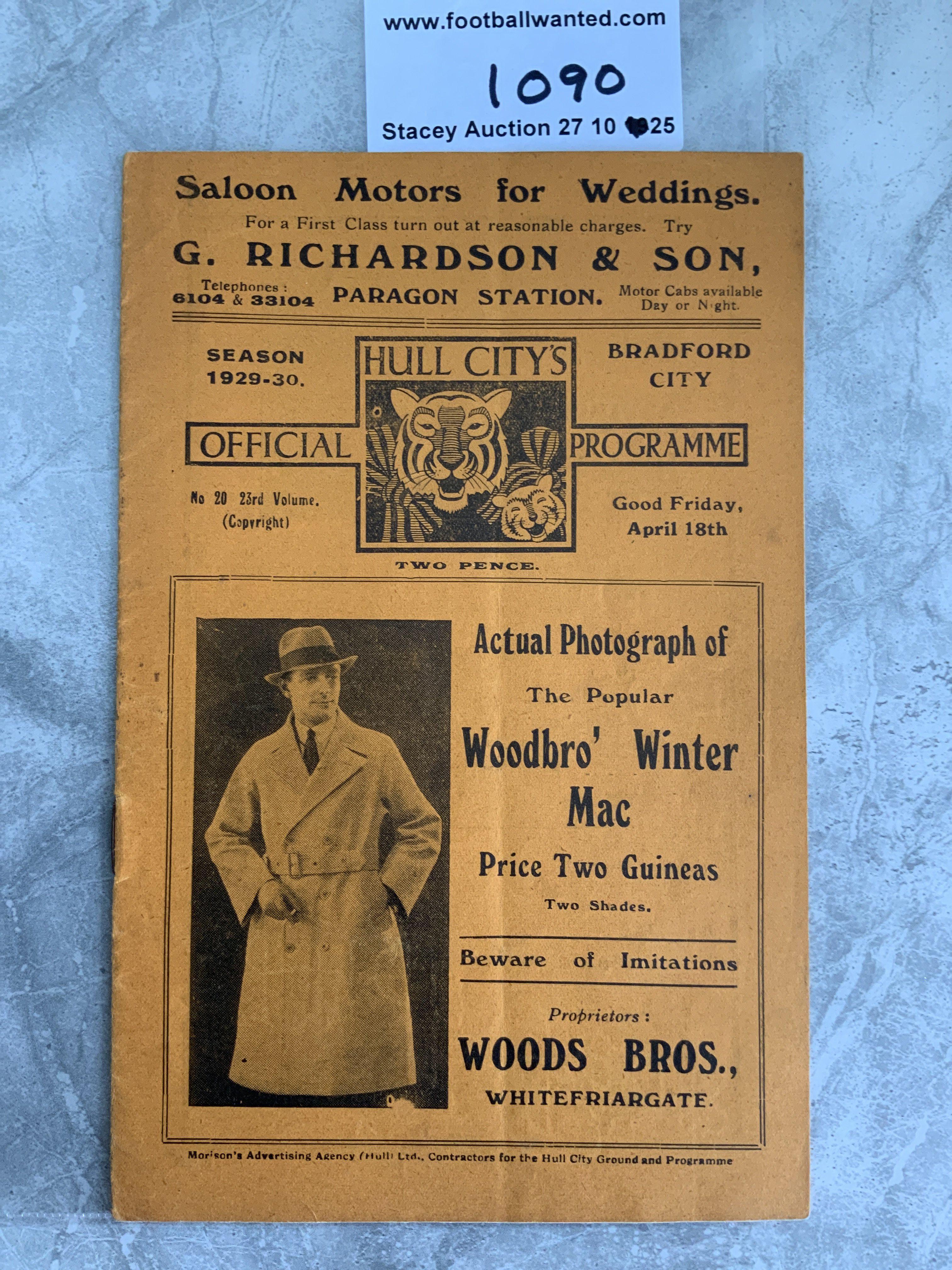 1929 - 1930 Hull City v Bradford City Football Programme: Good condition first team programme with no team changes. Tear on spine and rusty staple holding firm.